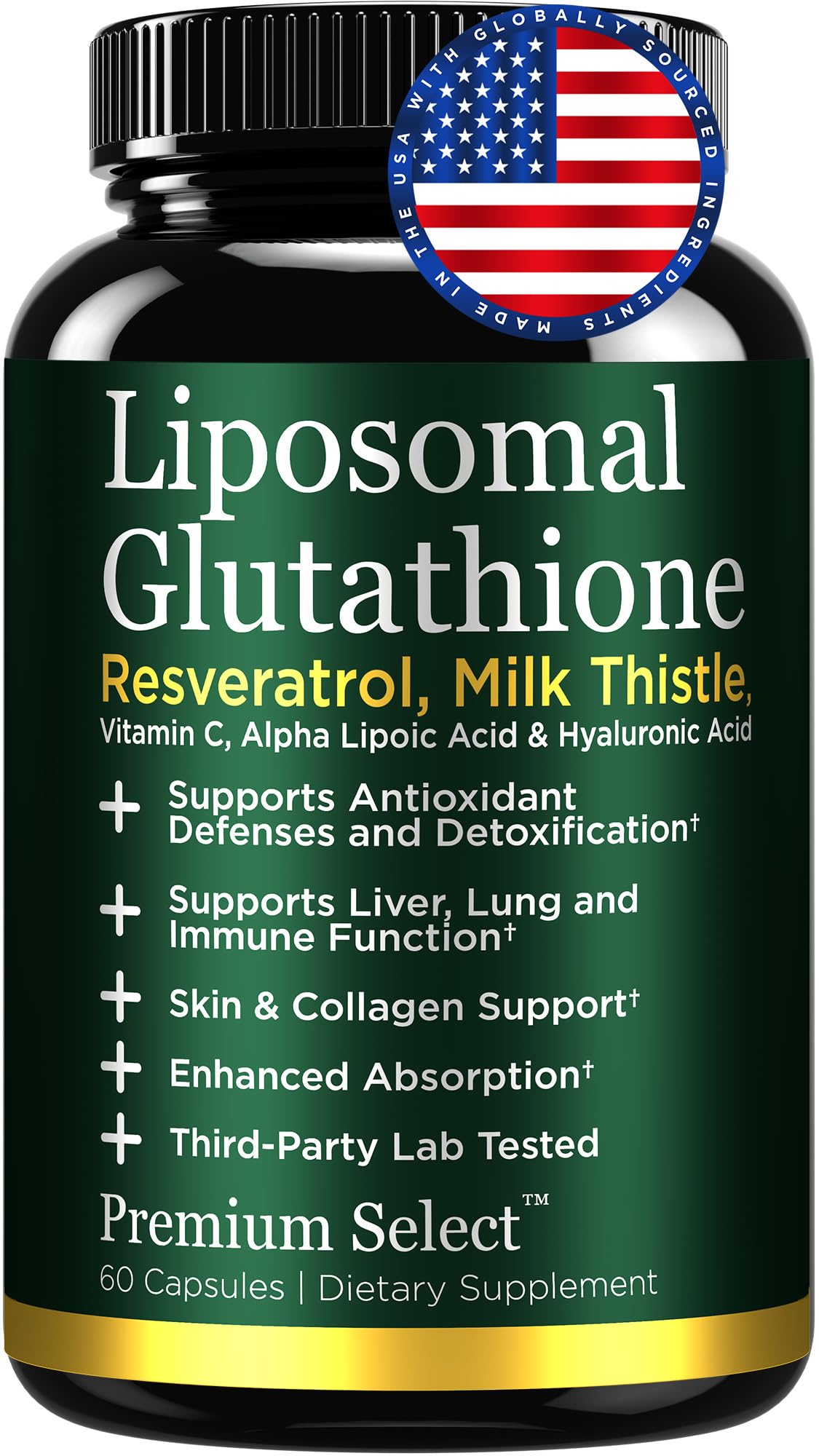 Premium Select Nutrition Liposomal Glutathione Capsules with Resveratrol & Milk Thistle Supplement for Men and Women - L-Glutathione, 60 Capsules