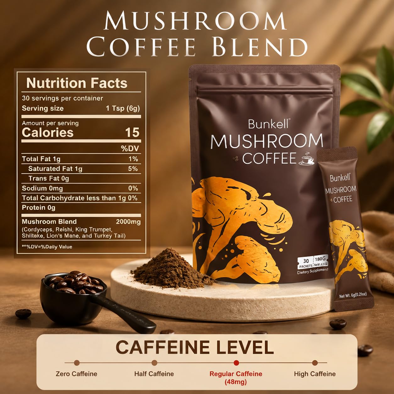 Bunkell Mushroom Coffee Powder, 6.35 oz Pack of 1
