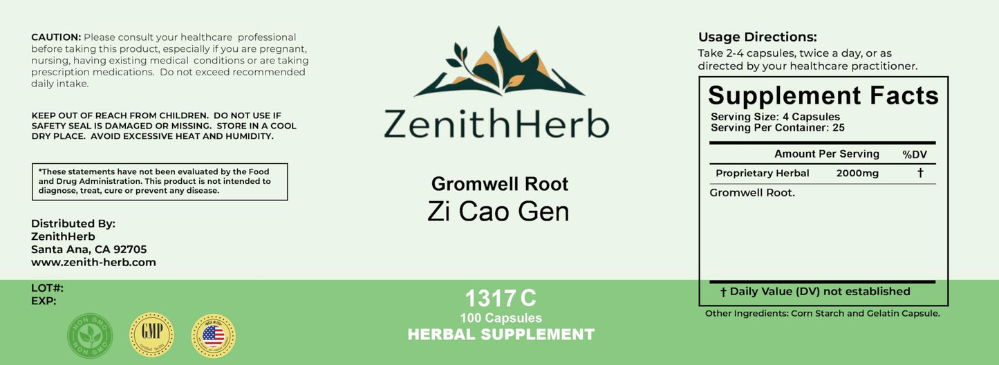 ZenithHerb Gromwell Root (Zi Cao Gen) Capsule, 100 Capsules
