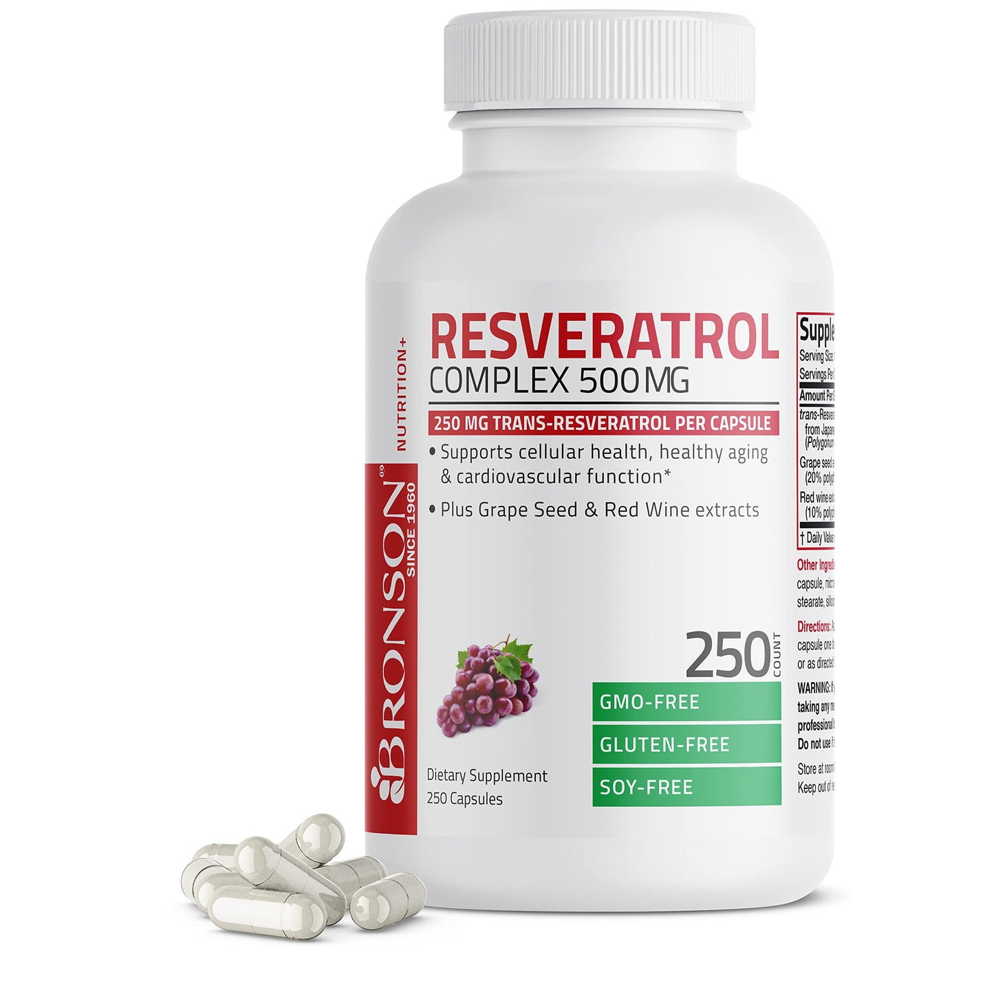 Bronson Resveratrol Complex 500 mg with Grape Seed & Red Wine, 250 Capsules