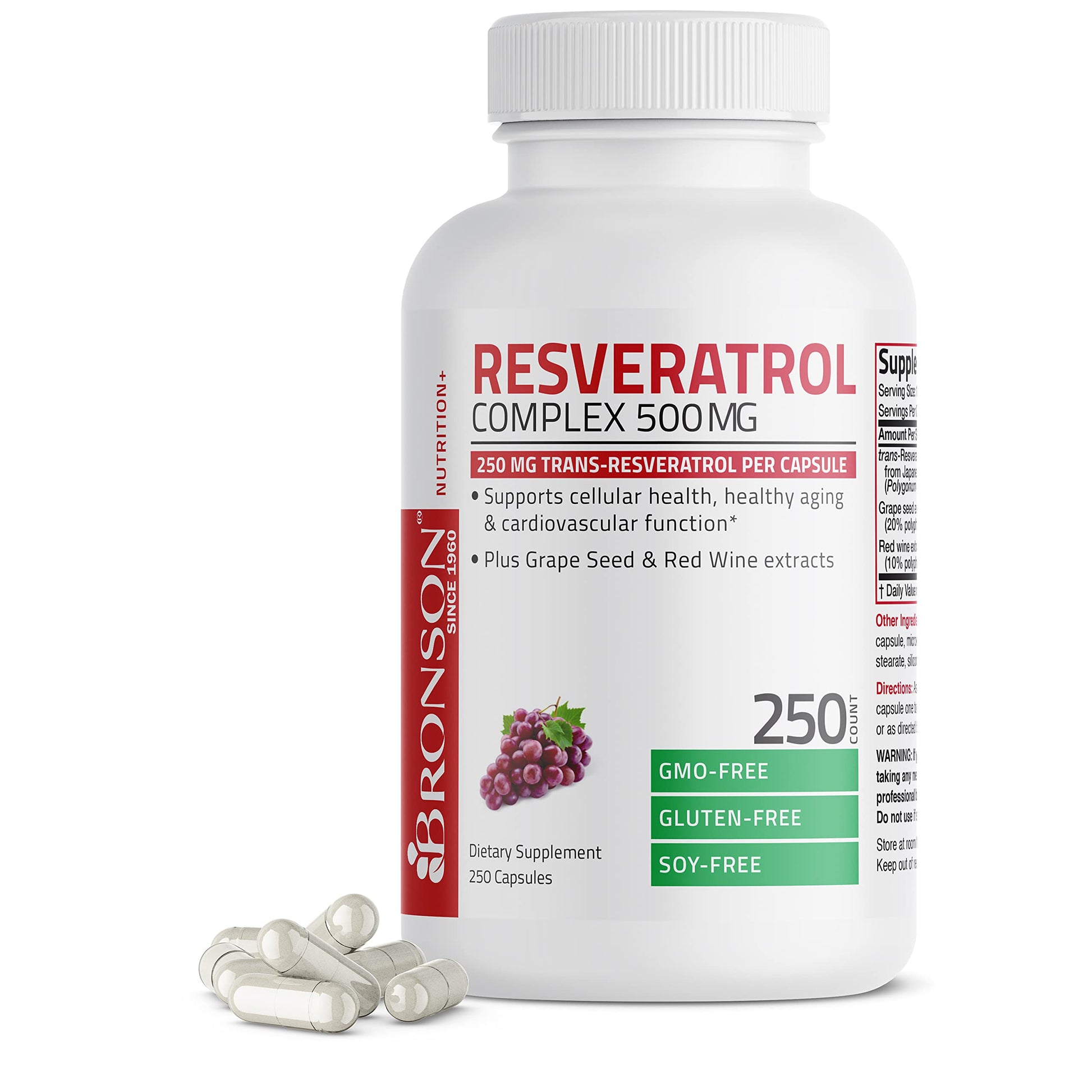 Bronson Resveratrol Complex 500 mg with Grape Seed & Red Wine, 250 Capsules