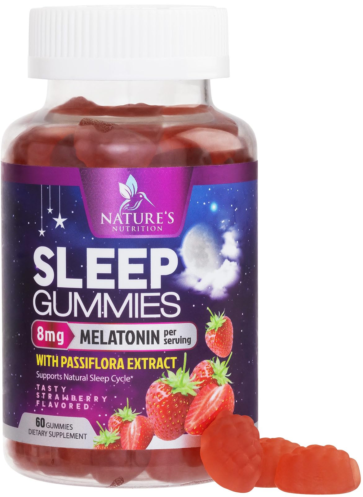 Nature's Nutrition Sleep Gummies 8mg Melatonin Per Serving with Passiflora Extract for Restful Sleep, Fast Acting Melatonin Sleep Gummy Supplement for Adults, Vegan, Non-GMO, Strawberry Flavor, 60 Gummies