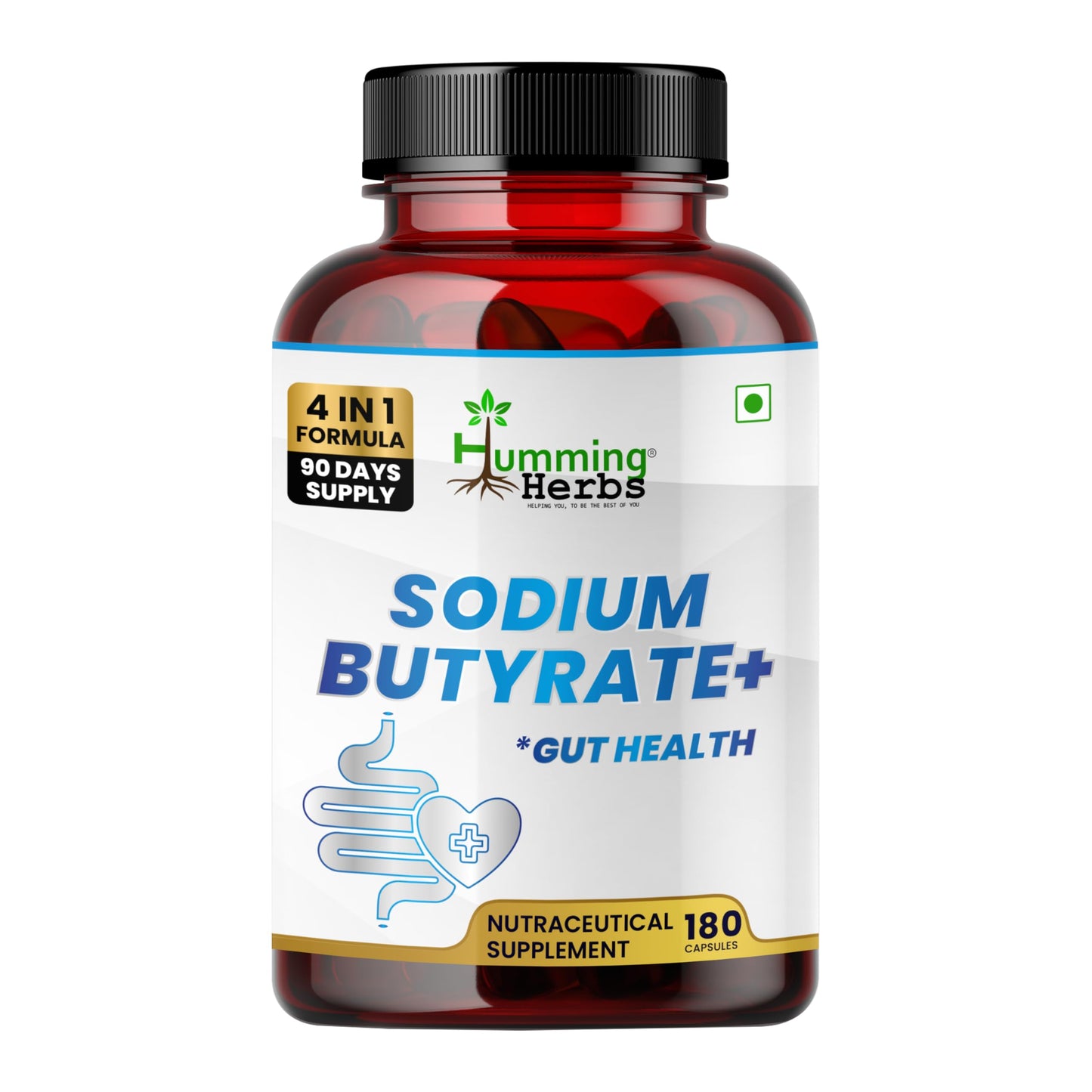Humming Herbs Sodium Butyrate Capsules 4-in-1 Digestive Support with L-Glutamine + Prebiotic Inulin + Probiotic Blend (10 Billion CFU) Vegetarian, 180 Capsules
