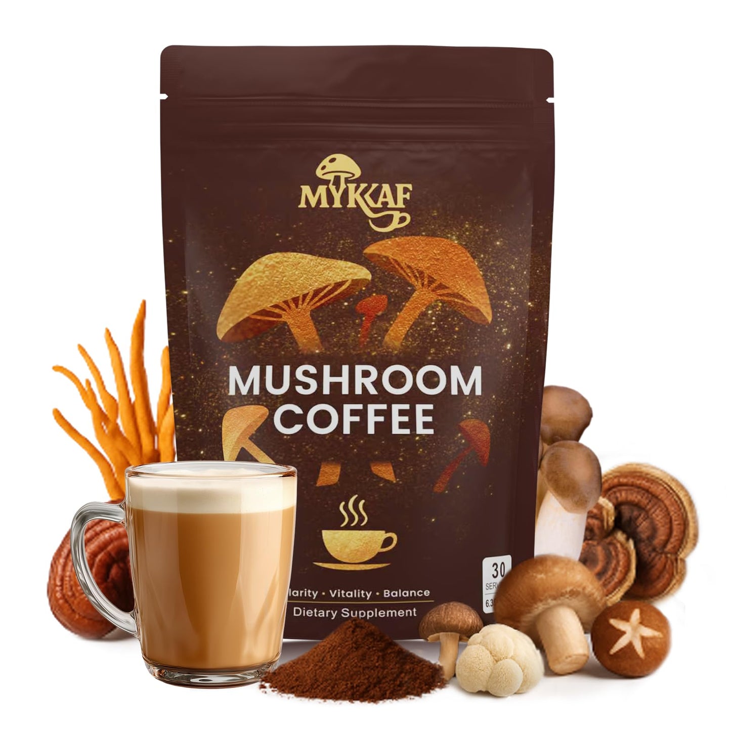 MYKAF Mushroom Coffee 6 in 1 Organic Instant Coffee Powder (6.35)