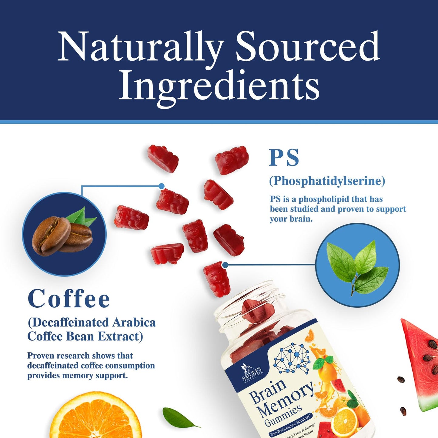 Nature's Nutrition Brain Supplements Gummies 3X Strength Nootropics for Memory, Focus, Concentration with Phosphatidylserine, B6, B12 - Clarity Support - 60 Gummies