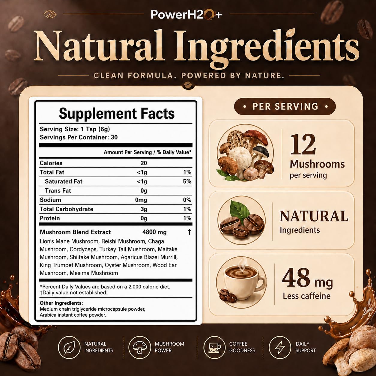 PowerH2O+ Mushroom Coffee 12 in 1 with 4800mg Lion's Mane, Reishi, Chaga, Cordyceps, Turkey Tail for Energy, Focus, Positive Mood & Immune Support Powder, 6.35 Ounce