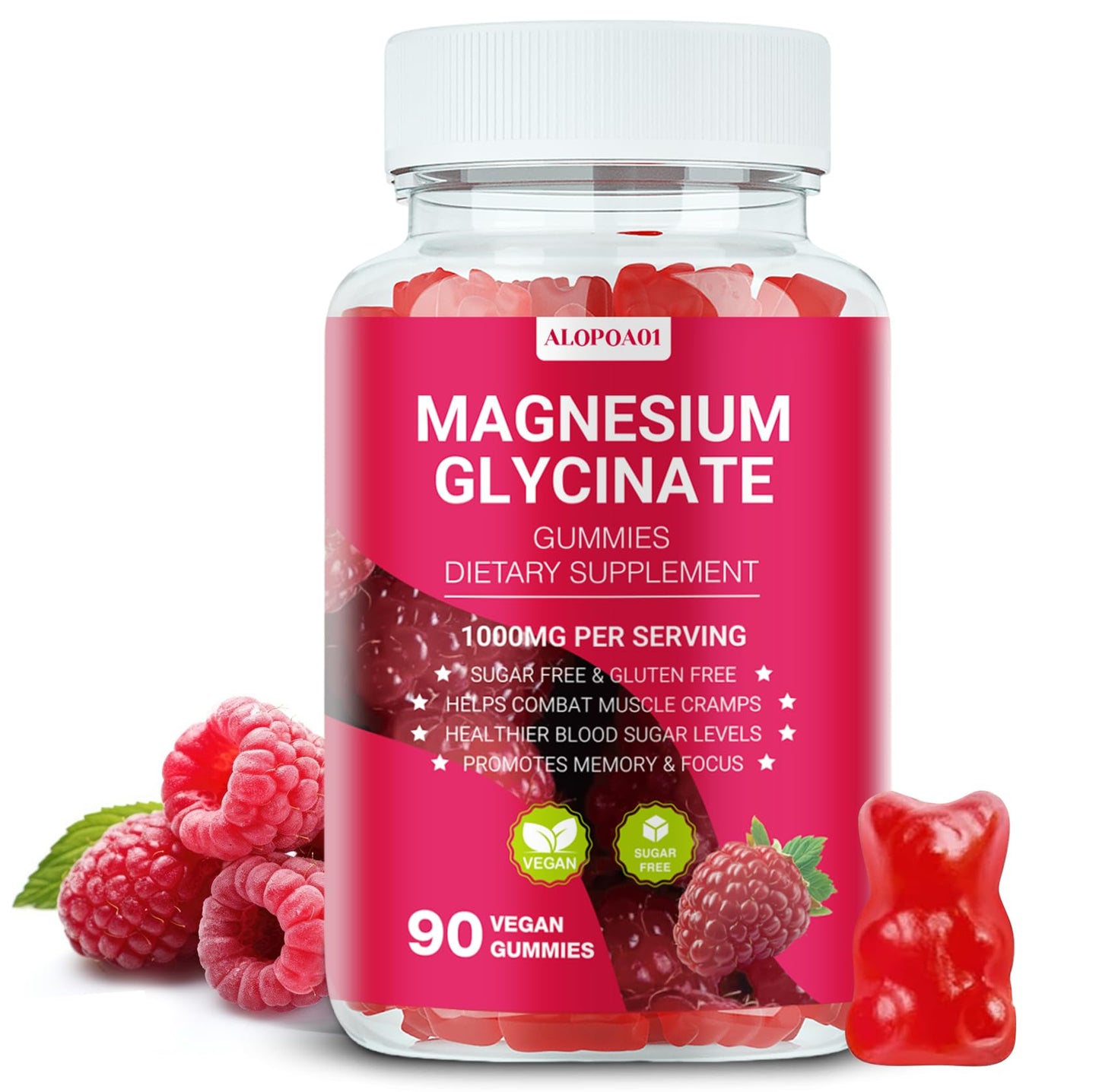 ALOPOA01 Magnesium Glycinate Gummies 1000mg, Non-GMO, Gluten-Free, Raspberry Flavor, 90 Count