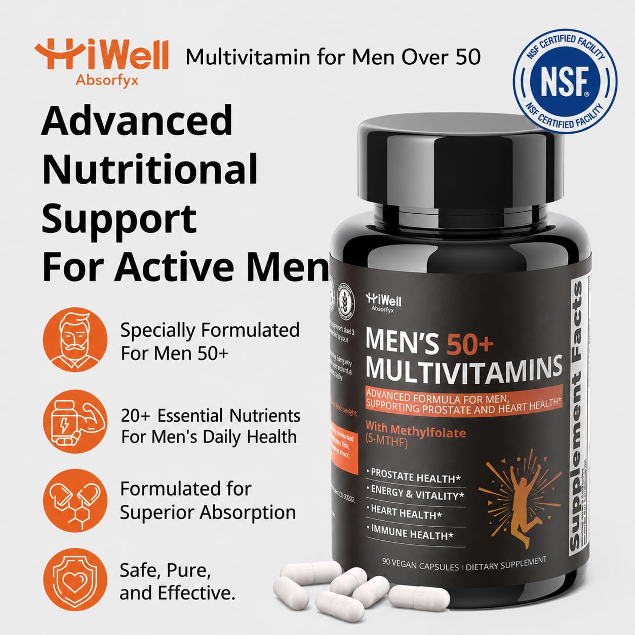 HiWell Absorfyx Multivitamin for Men Over 50 W/CoQ10, Methylfolate, Saw Palmetto Capsules 90