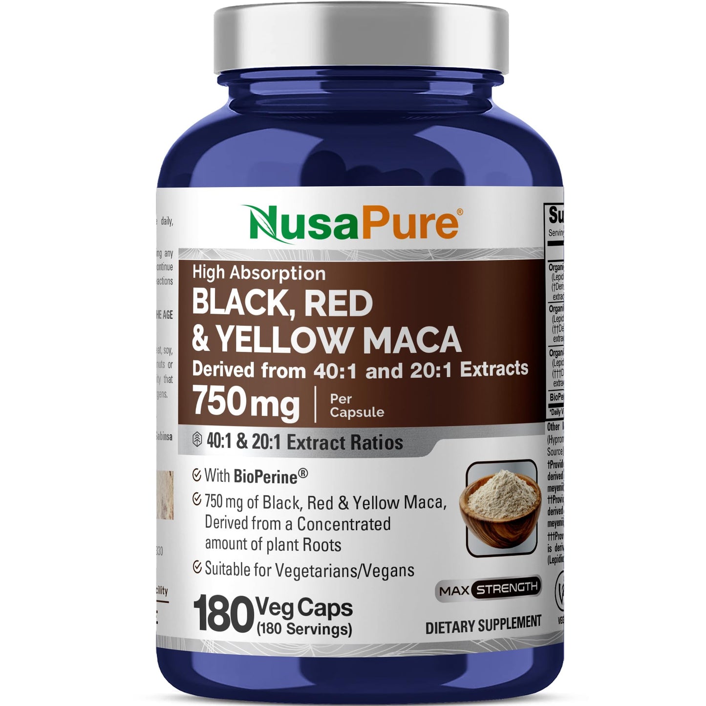 NusaPure Maca Root Black, Red, Yellow Capsules 750 mg, 180 Veg Capsules