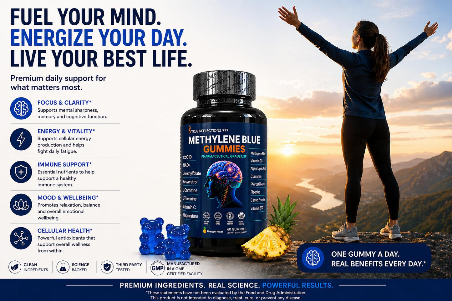 True reflectionz Methylene Blue Gummies 12mg Cognitive Support with Added Vitamin C, NAD, L-Methylfolate, Methylcobalamin B12, Methylated Vitamins, 60 Count
