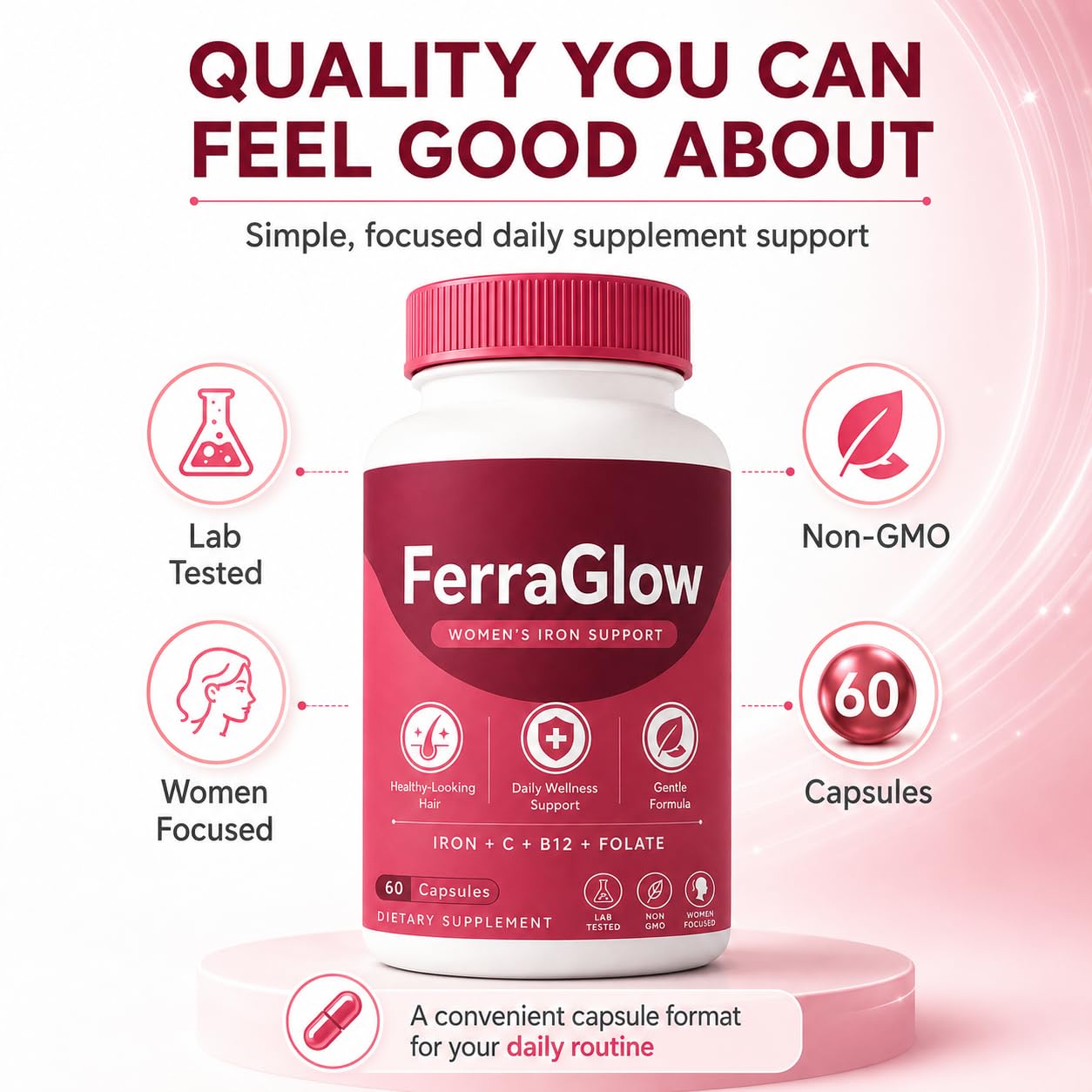 NOVORIC FerraGlow Iron Support Capsules with Iron Bisglycinate Lactoferrin Vitamin C B12 and Gentle Absorption Formula for Women Daily Wellness Hair Energy Support, 60 Count