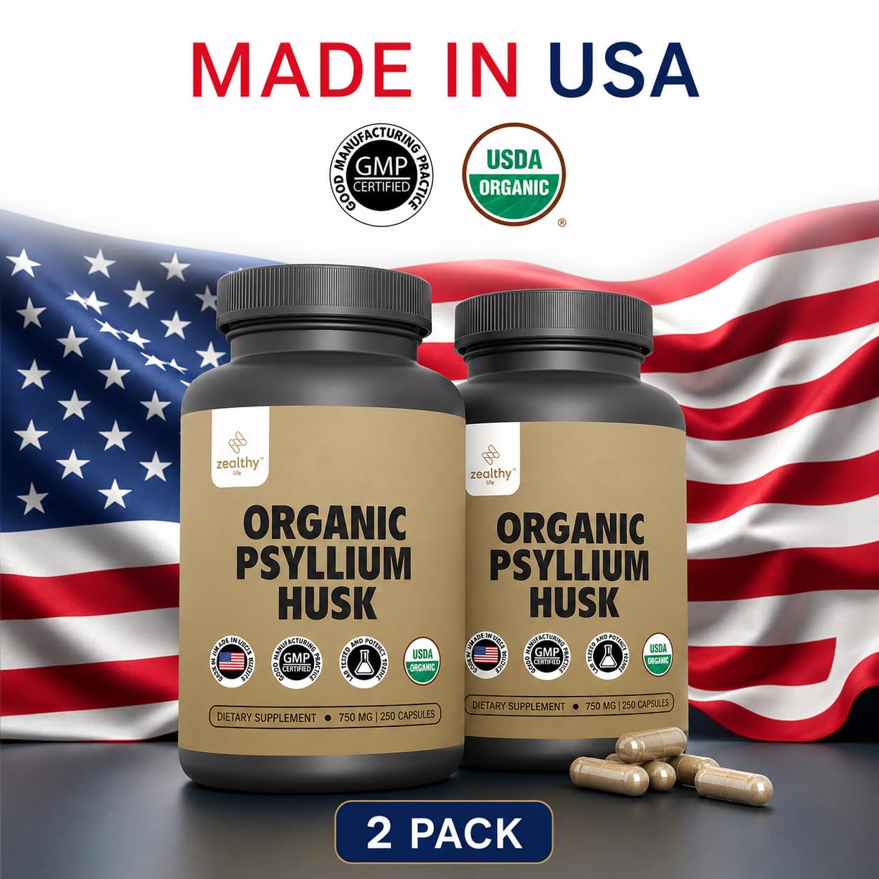 Z Zealthy Life Organic Psyllium Husk 750 mg Capsules, Natural Fiber Gut Health Supplement, 250 Count