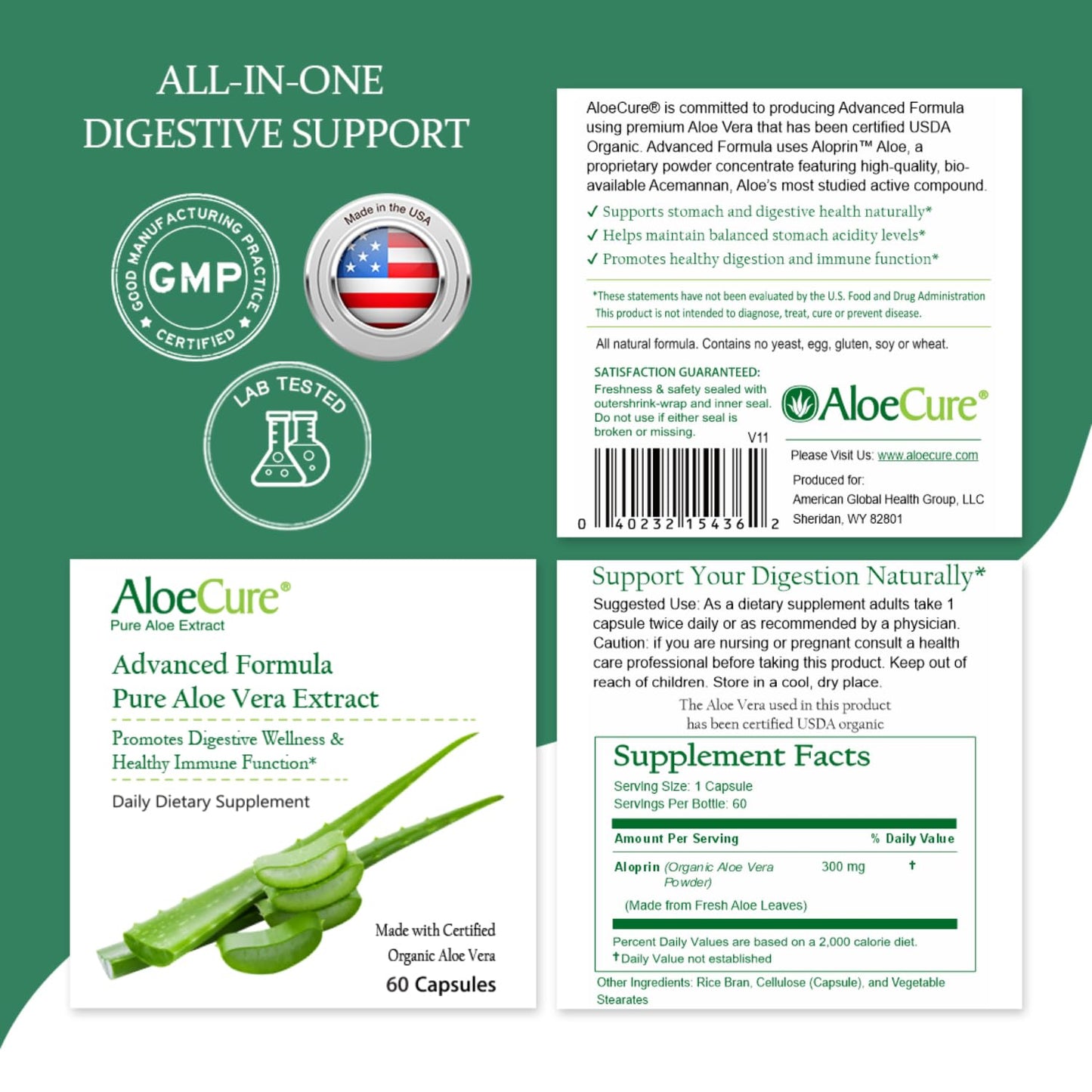 AloeCure Aloe Vera Capsules Made with Organic Aloe Vera for Gut Health & Digestive Comfort, Aloin Free, 6 Bottles