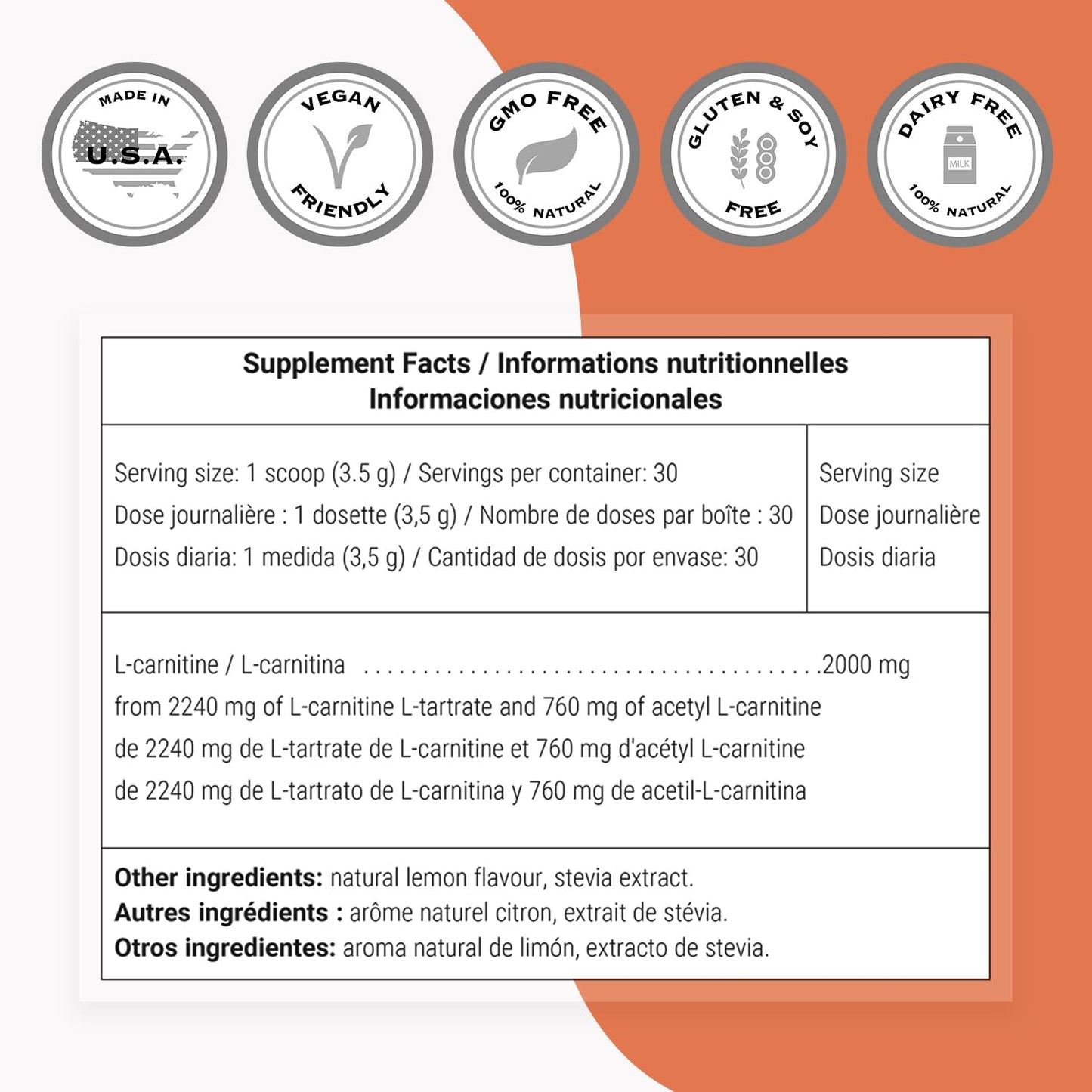 Supersmart L-Carnitine Formula with Acetyl & Tartrate, Amino Acids | Non-GMO & Gluten Free, Powder, 3.7 oz
