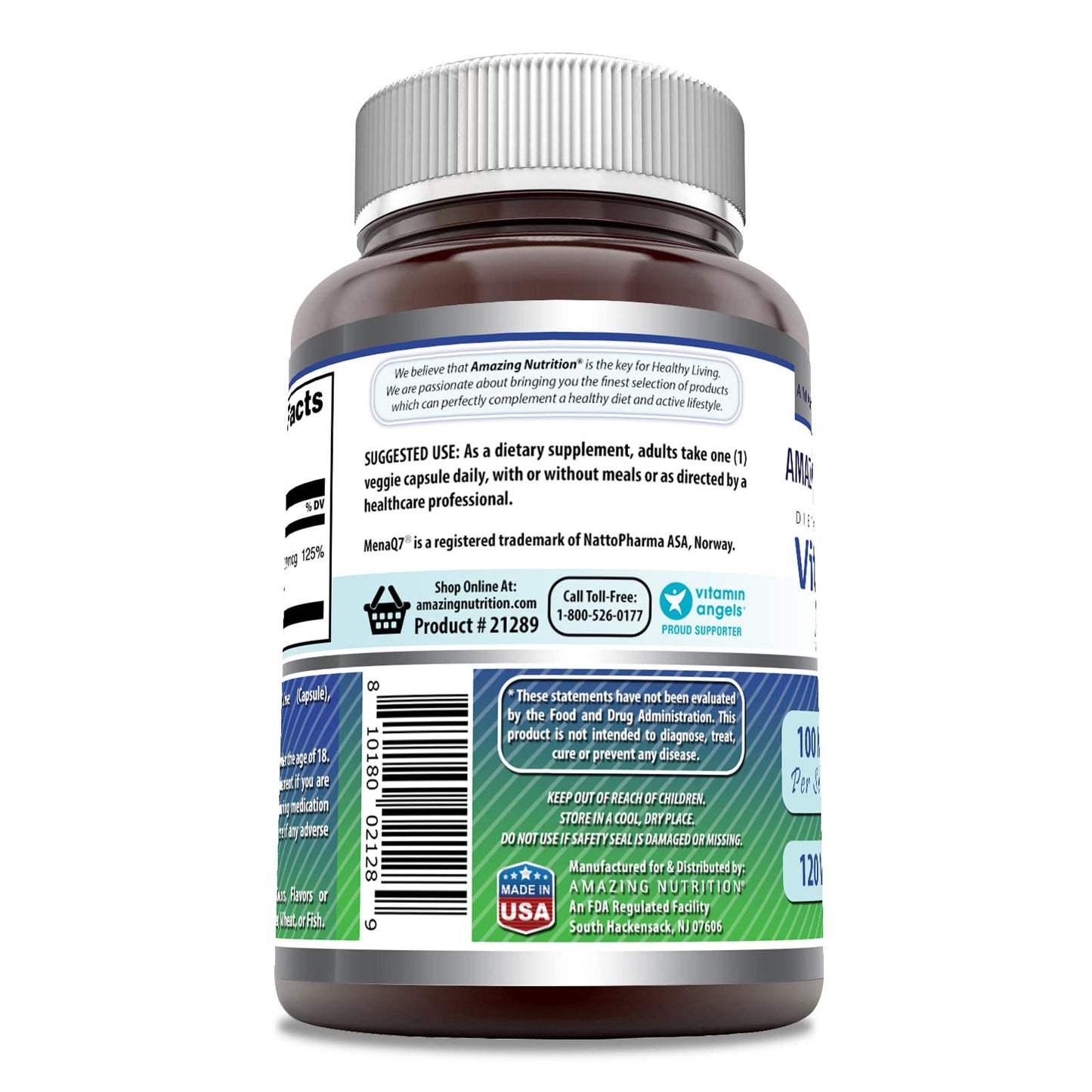 Amazing Nutrition Vitamin K2 Menaq7 MK7 Supplement Capsules, 120 Count