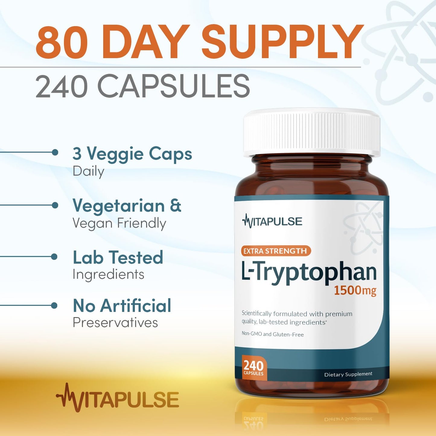 VitaPulse L-Tryptophan Supplement 1500mg, 240 Capsules