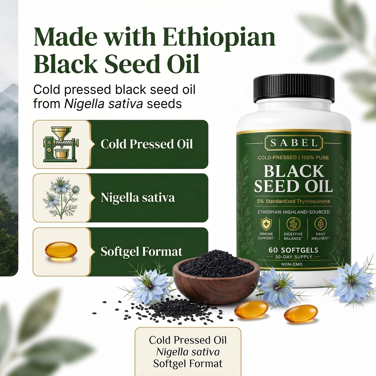 Sabel Ethiopian Black Seed Oil Softgels, 60 Count