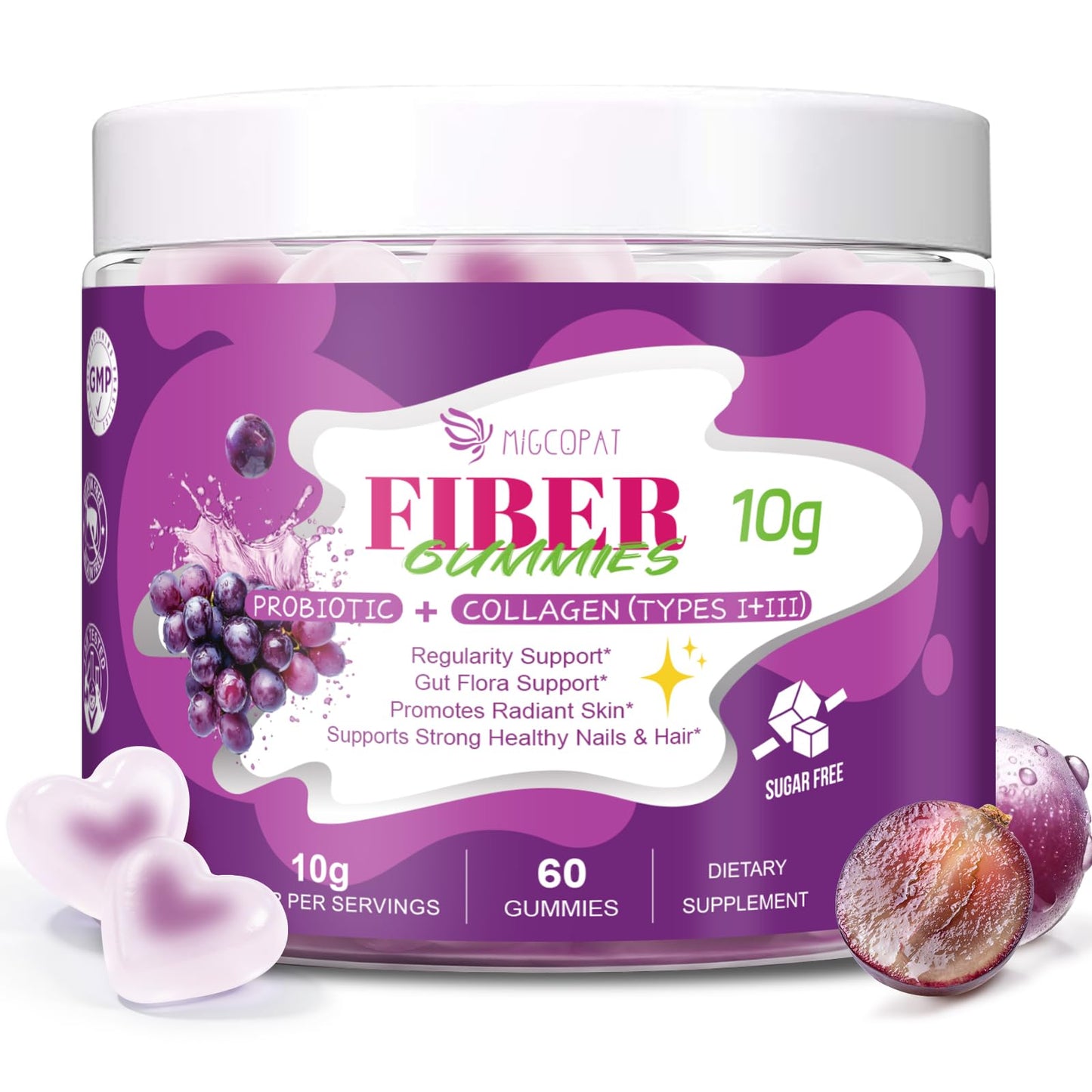 Migcopat 10G Fiber Gummies with Collagen Peptides, Grape Flavor, 60 Gummies
