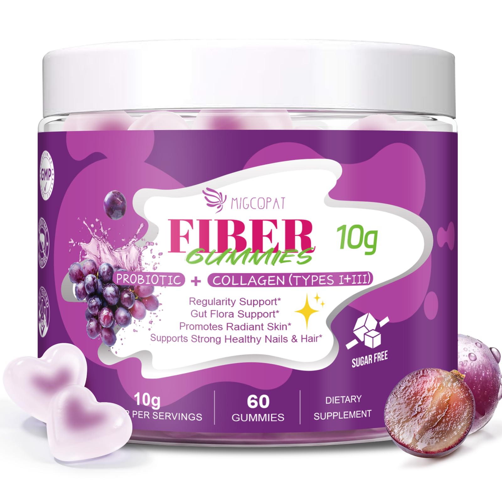 Migcopat 10G Fiber Gummies with Collagen Peptides, Grape Flavor, 60 Gummies