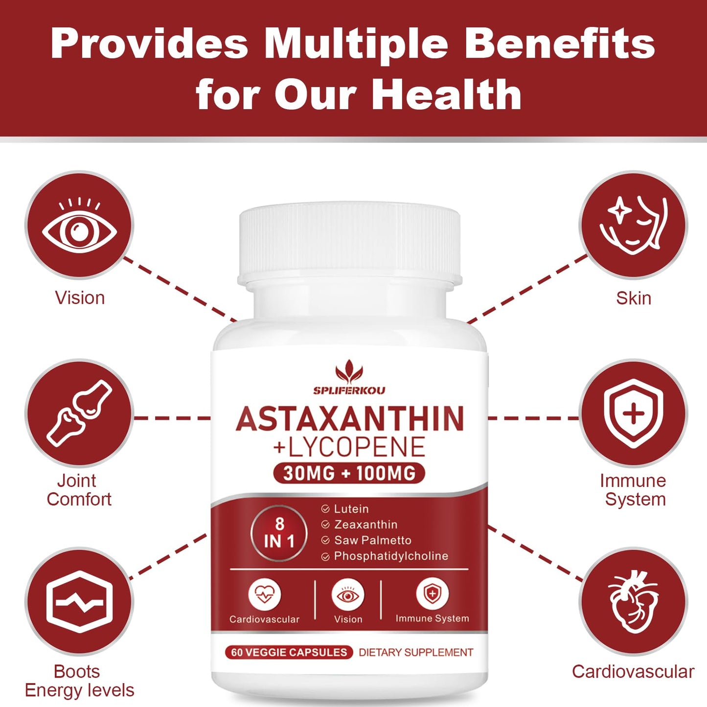 Spliferkou Astaxanthin and Lycopene 70mg, Astaxanthin Supplement with Phosphatidylcholine, Lutein and Zeaxanthin, Powerful Antioxidants for Skin, Eye and Joint Health 60 Capsules