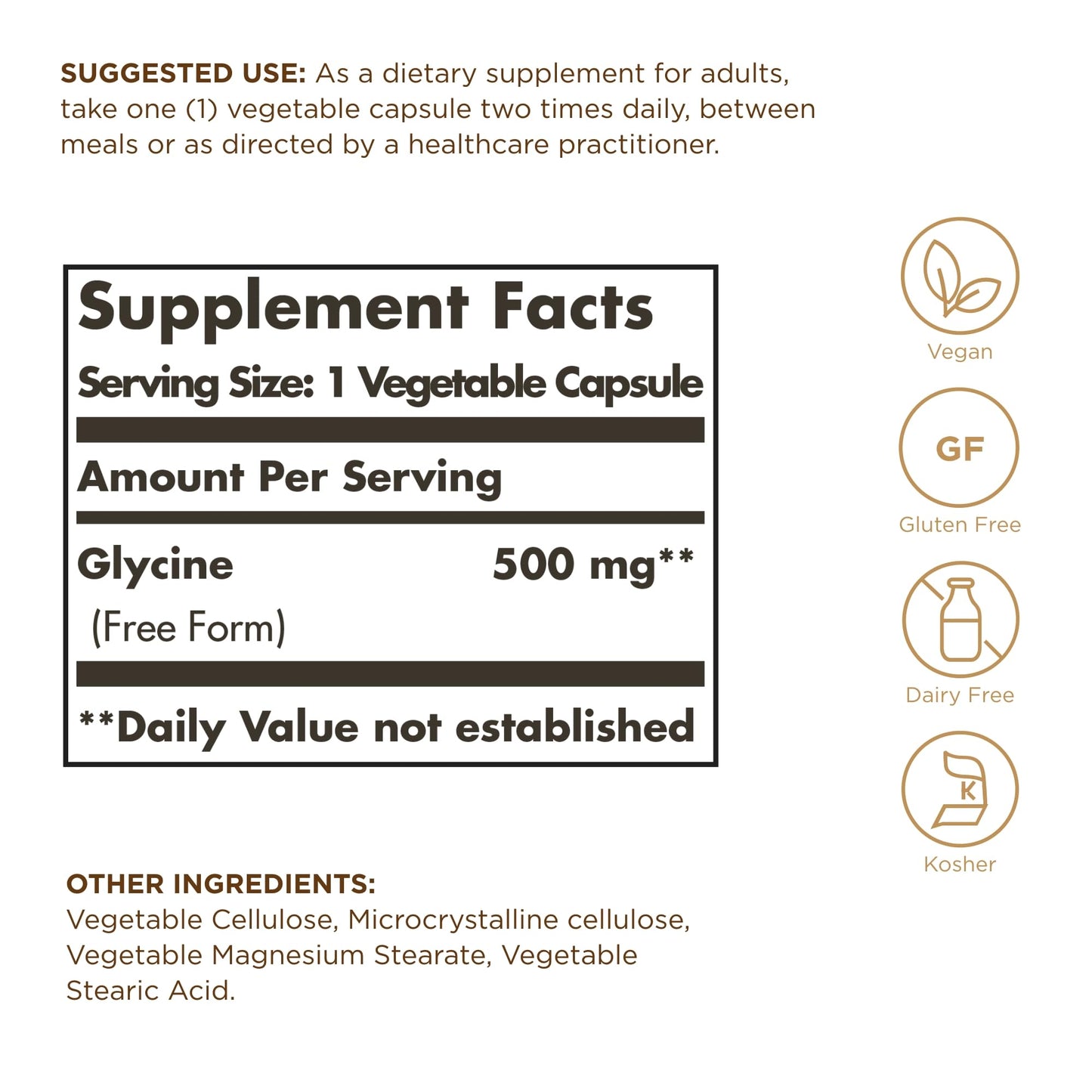 Solgar Glycine 500 mg Vegetable Capsules, 100 Count