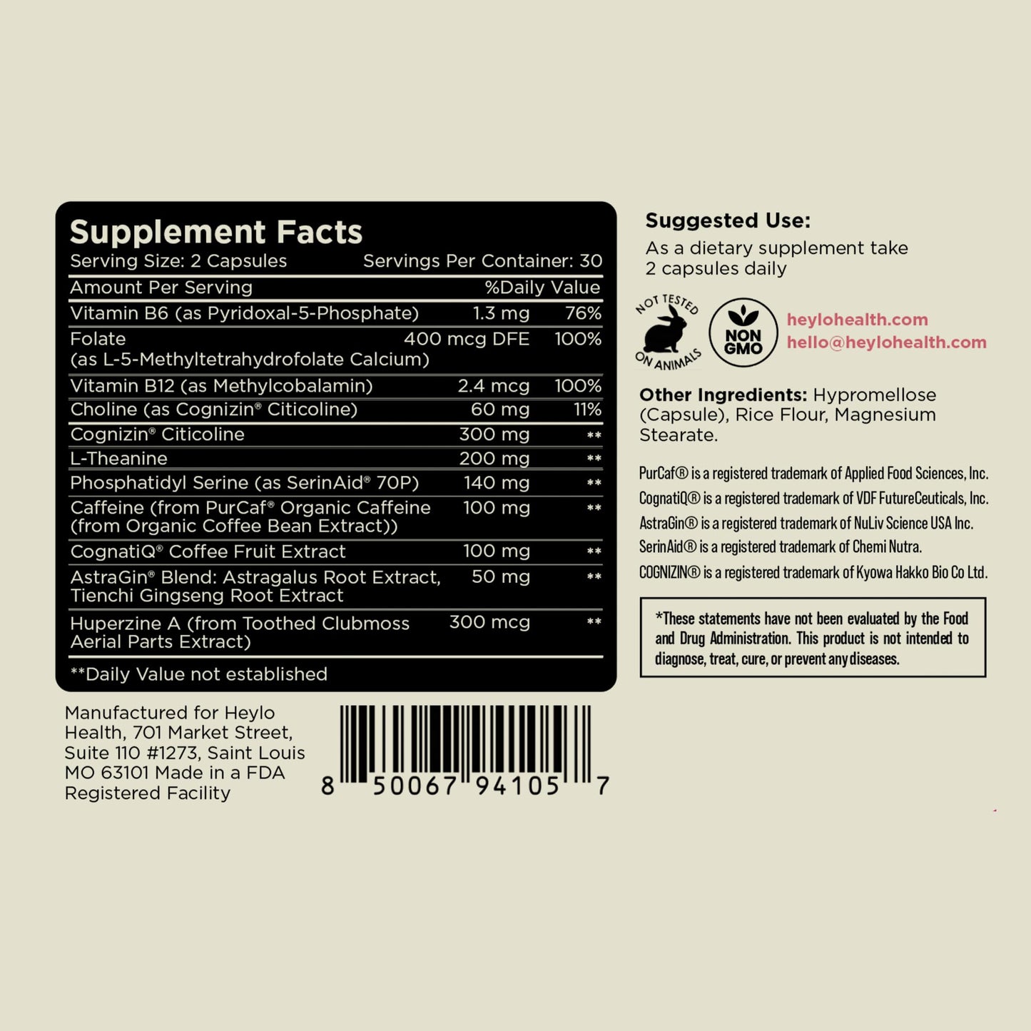 Heylo Health Nootropic Brain Supplement for Focus, Energy, and Memory Capsules, 60 Count
