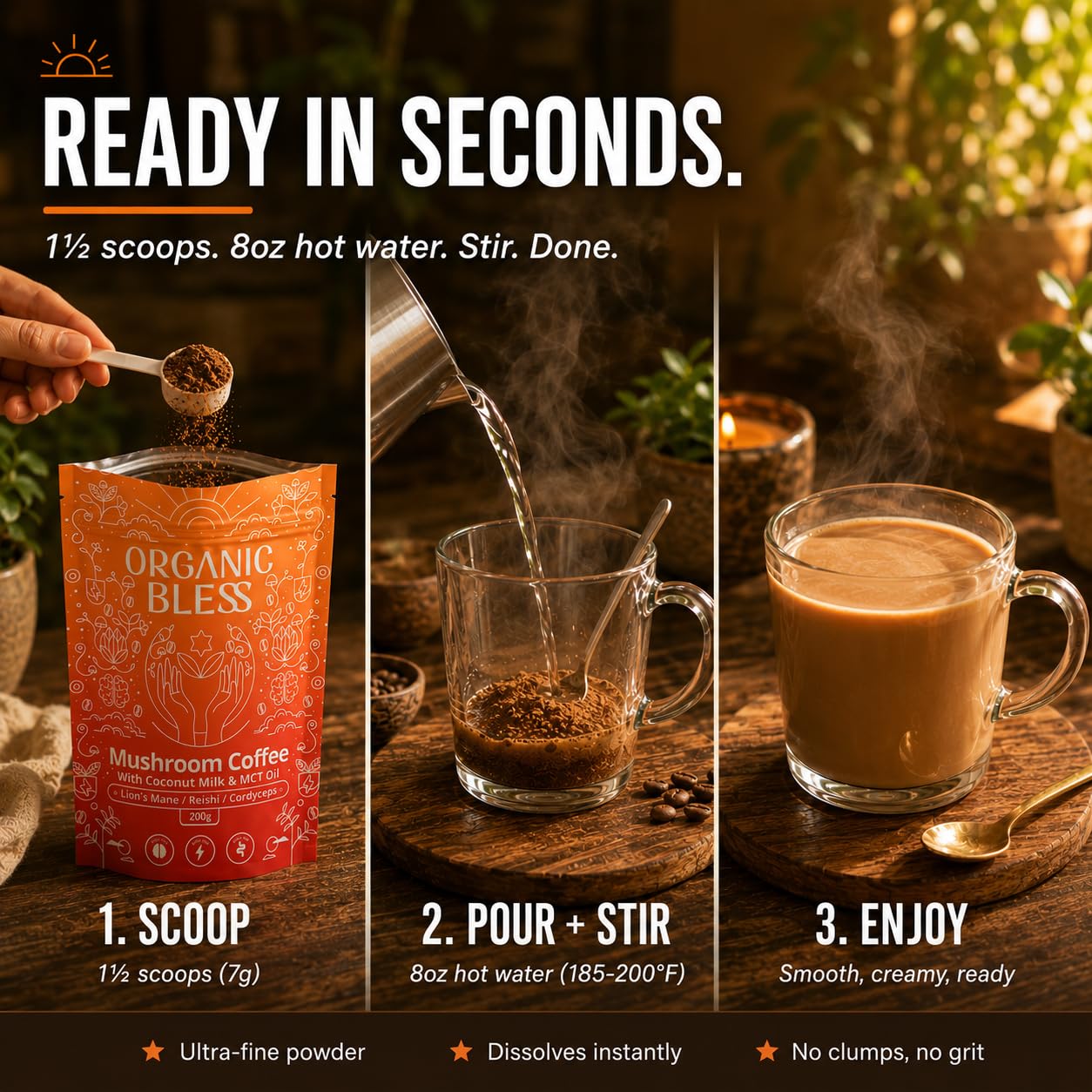 Organic Bless Mushroom Coffee Instant Powder with Organic Lion's Mane, Reishi & Cordyceps, Coconut Milk & MCT Oil, 7.05 oz