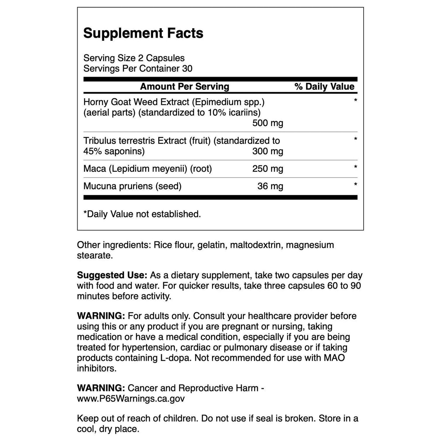 Swanson Premium Brand Horny Goat Weed Complex with Tribulus and Maca Vegan Capsules, 60 Capsules