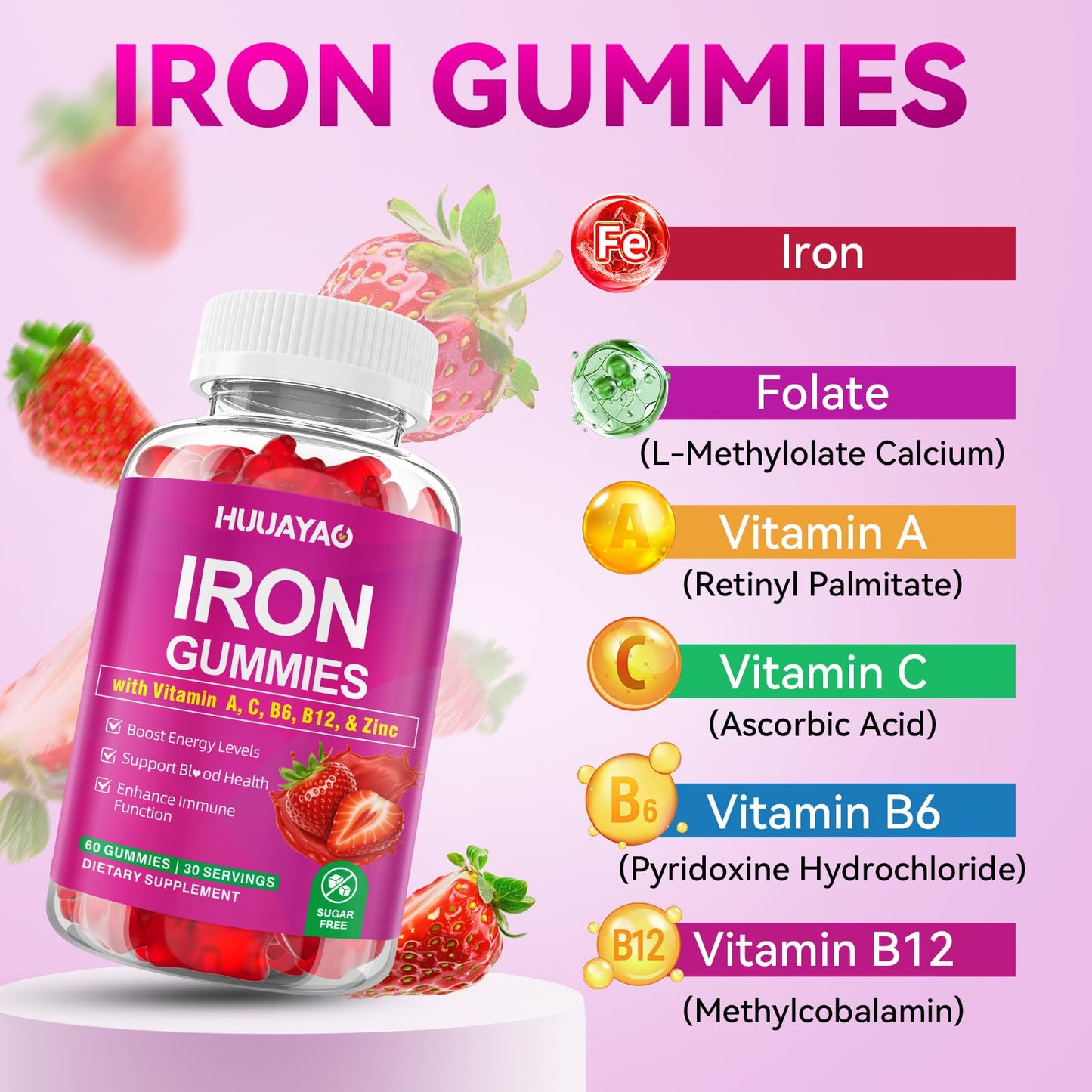 HUUAYAO Iron Supplement Gummies 120 Count