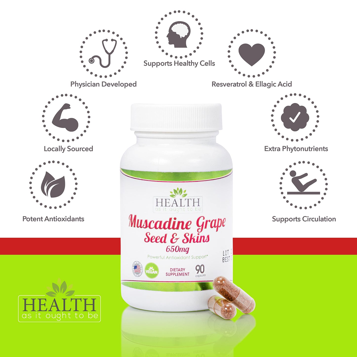 Health As It Ought To Be Muscadine Grape Seed & Skins 650 mg Supplement Capsules, 90 Count