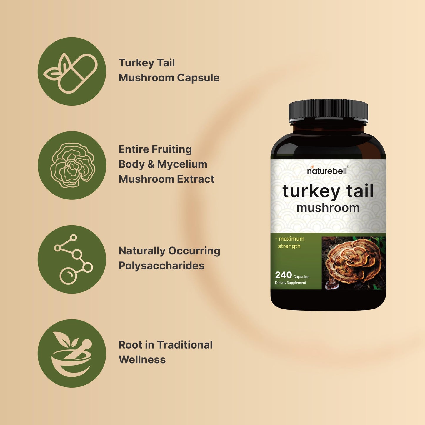 NatureBell Turkey Tail Mushroom Extract Capsules, 240 Count