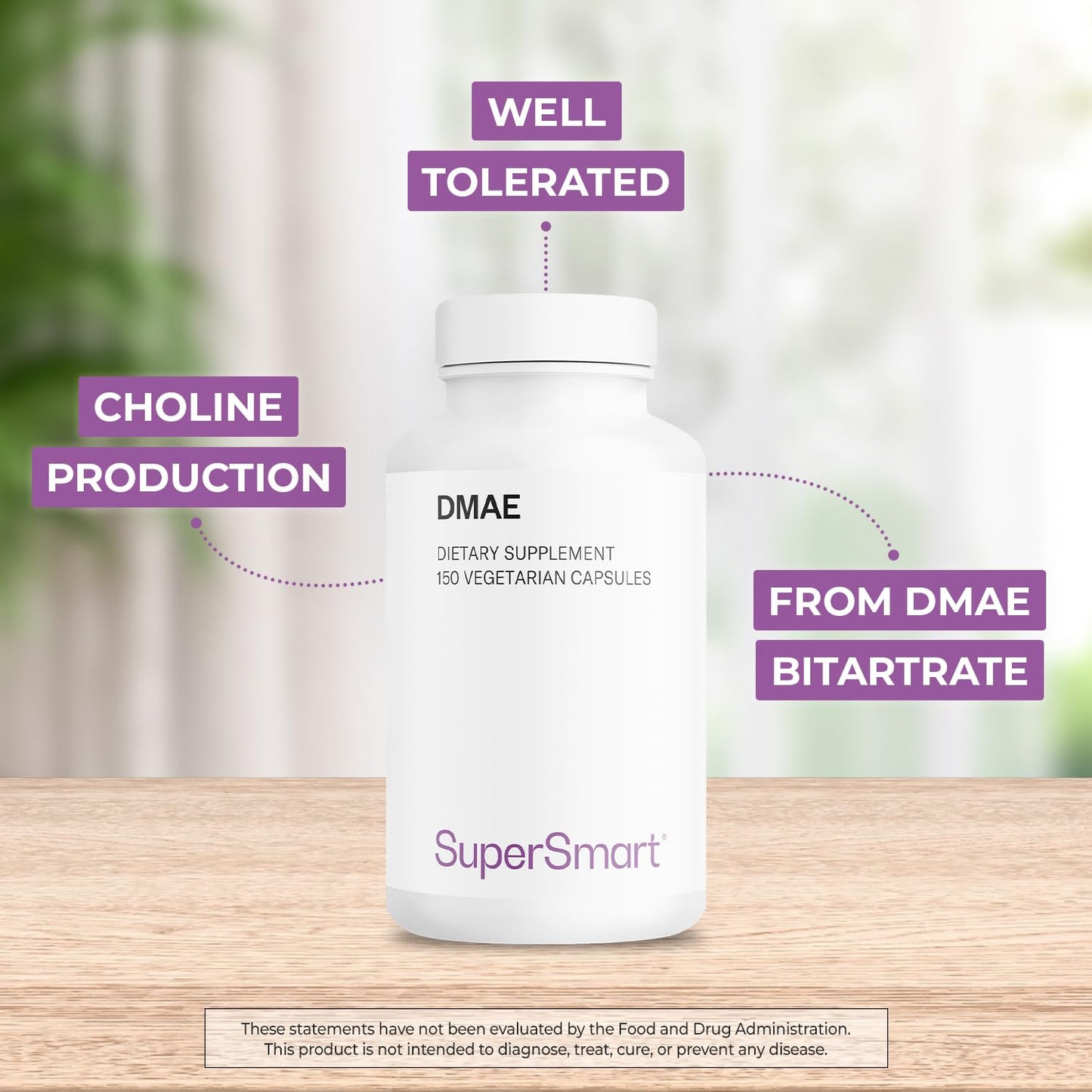 Supersmart DMAE Supplement 390mg per Day (Dimethylaminoethanol) from DMAE Bitartrate - Choline Production, 150 Capsules