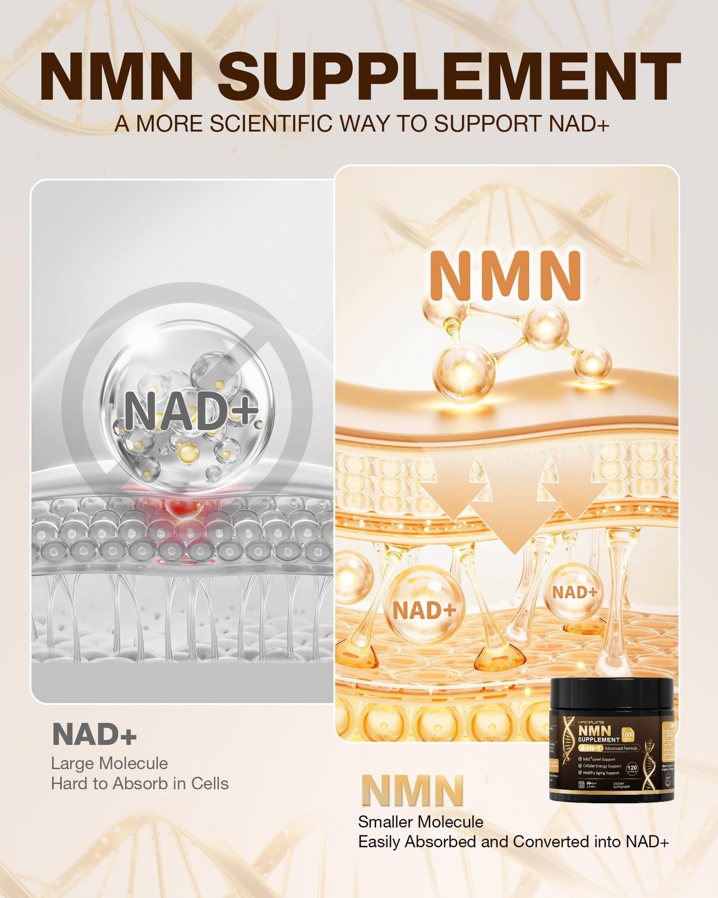 HACIRJNG NMN Supplement, 4-in-1 Liposomal NMN 1000mg with Resveratrol, TMG & Quercetin, 120 Capsules