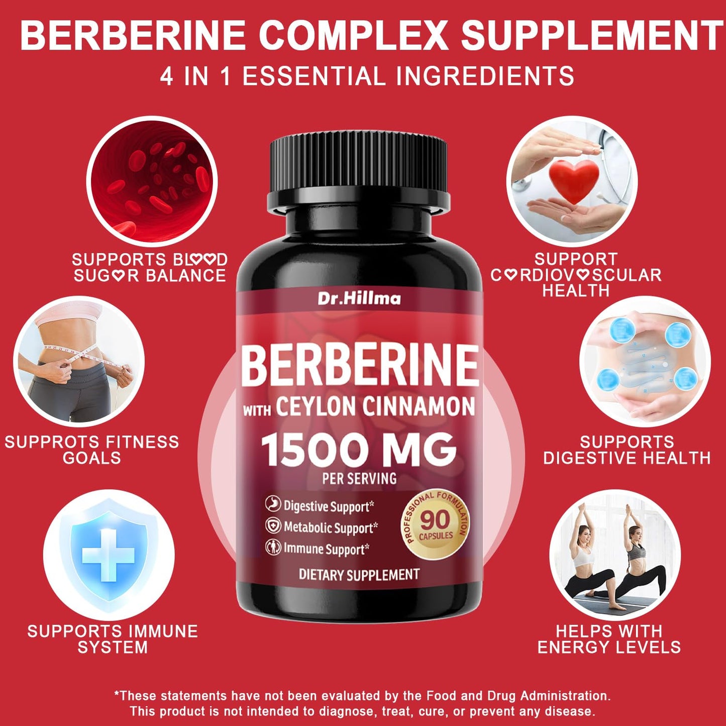 Dr.hillma Berberine Supplement 1500mg High Bioavailability Berberine HCL with Ceylon Cinnamon, 90 Capsules