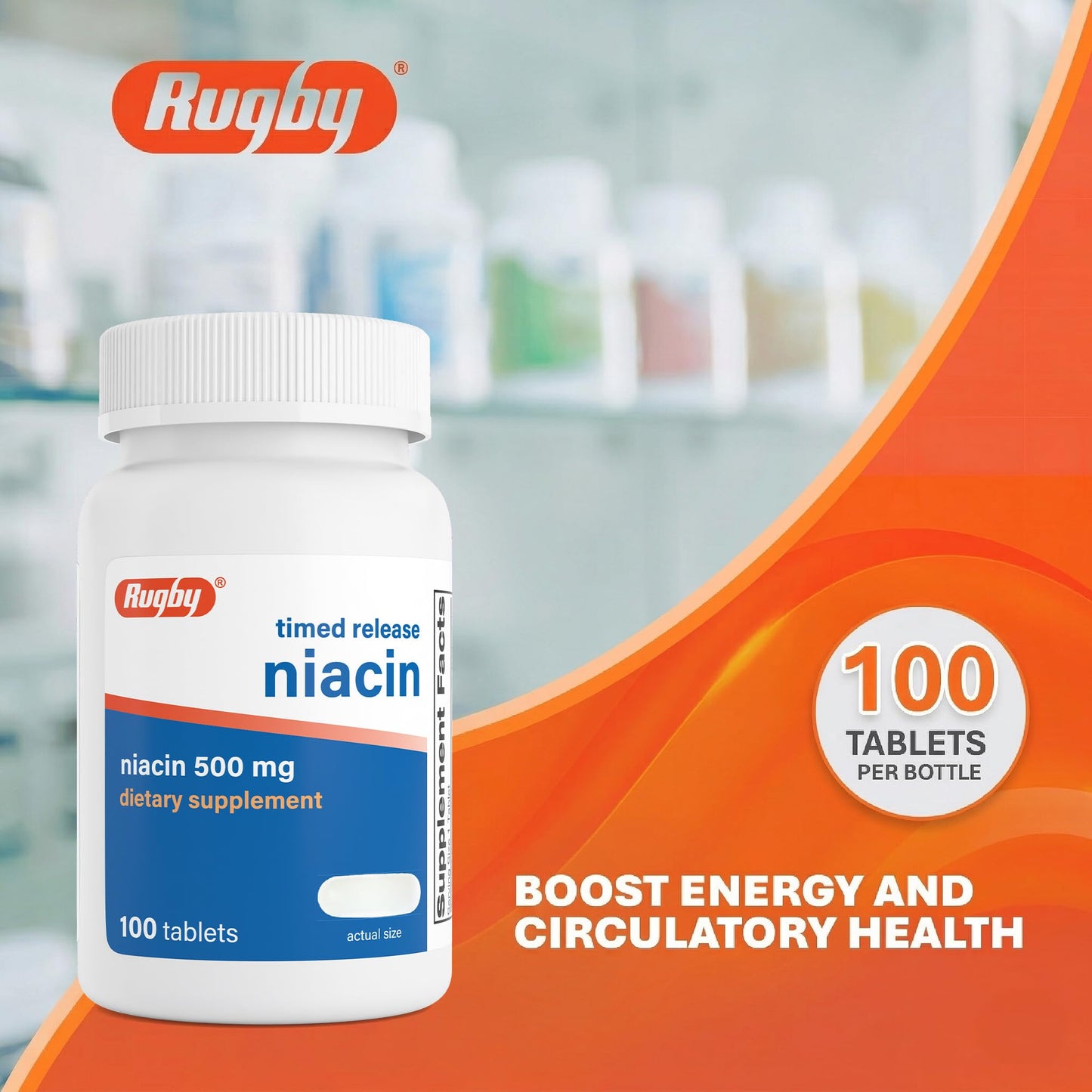 Rugby Laboratories Timed-Release Niacin 500mg with 28mg Calcium Dietary Supplement for Energy, Circulation and Metabolism Support, 100 Tablets