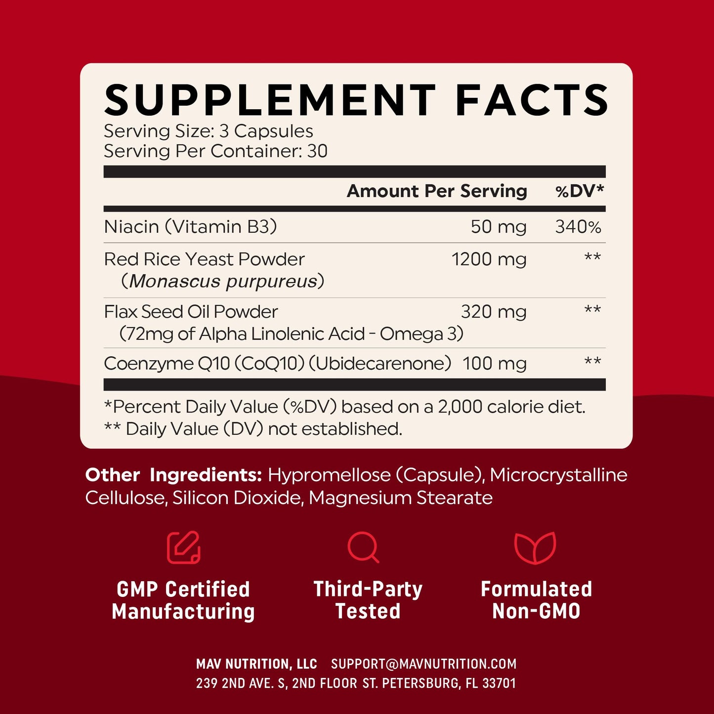 MAV NUTRITION Red Yeast Rice with CoQ10 + Omega-3 for Healthy Cholesterol Support Capsule, 90 Count