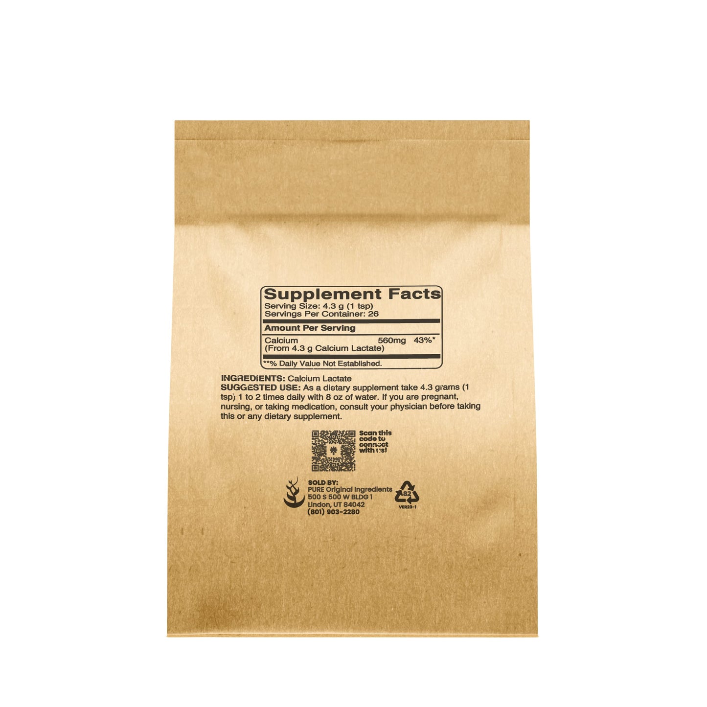 Pure Original Ingredients Calcium Lactate Calcium Supplement, Powder, 4 Ounce