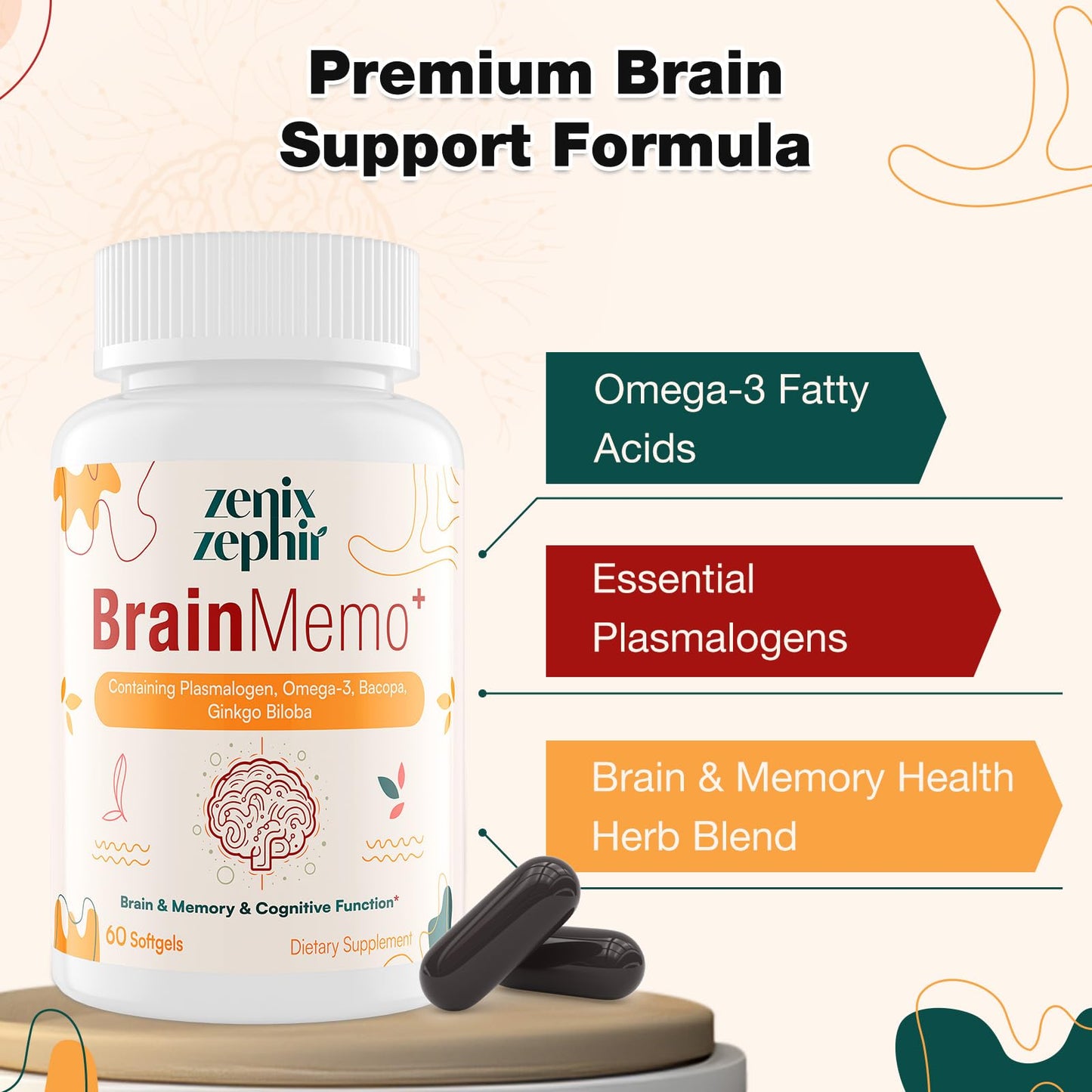 ZenixZephir Memory Focus Supplement with Plasmalogens 60 Softgels
