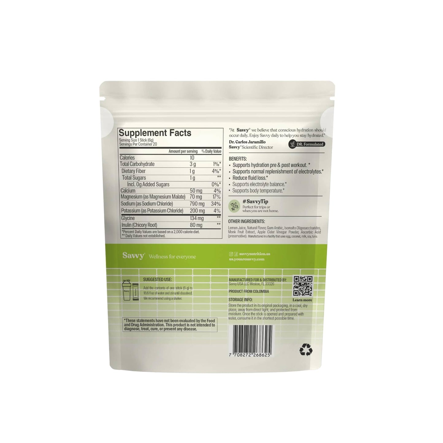 SAVVY Savvy Recharge Electrolyte Powder, Sugar Free Conscious Hydration Drink with Sodium, Magnesium, Potassium & Glycine, Lemon Flavor, 20 Sachets
