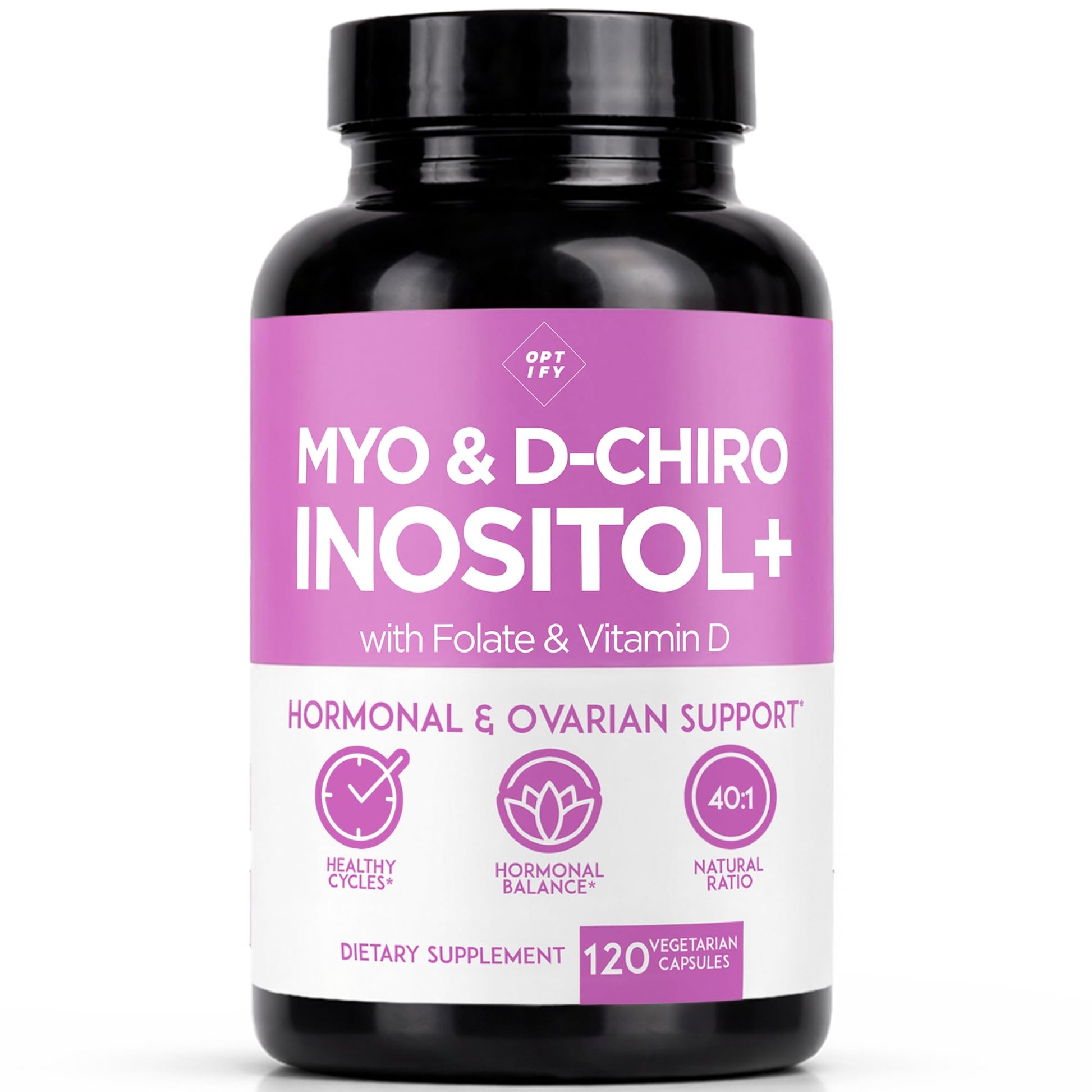 Optify Myo-Inositol & D-Chiro Inositol Supplement for Women, 40:1 Ratio, Folate & Vitamin D, Supports Hormonal Balance, Regular Cycles & Ovarian Health, 120 Capsules