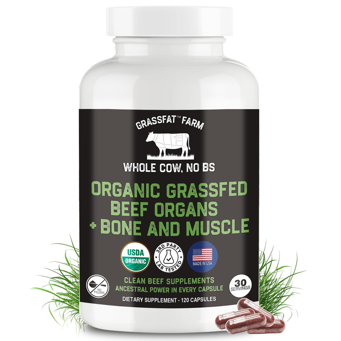 Grassfat Beef Organ Supplements Capsules, 120 Count