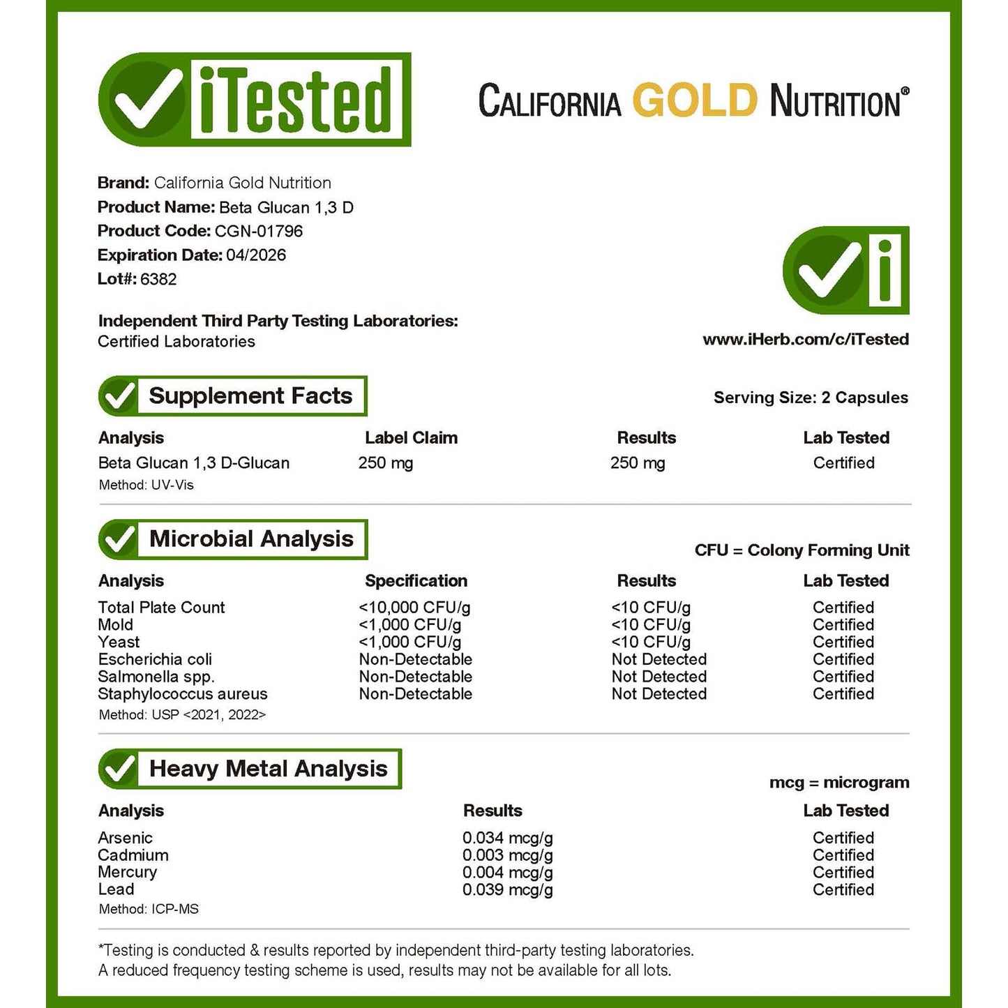 California Gold Nutrition Beta Glucan 1-3D with Beta-ImmuneShield 125 mg Capsule, 120 Veggie Capsules