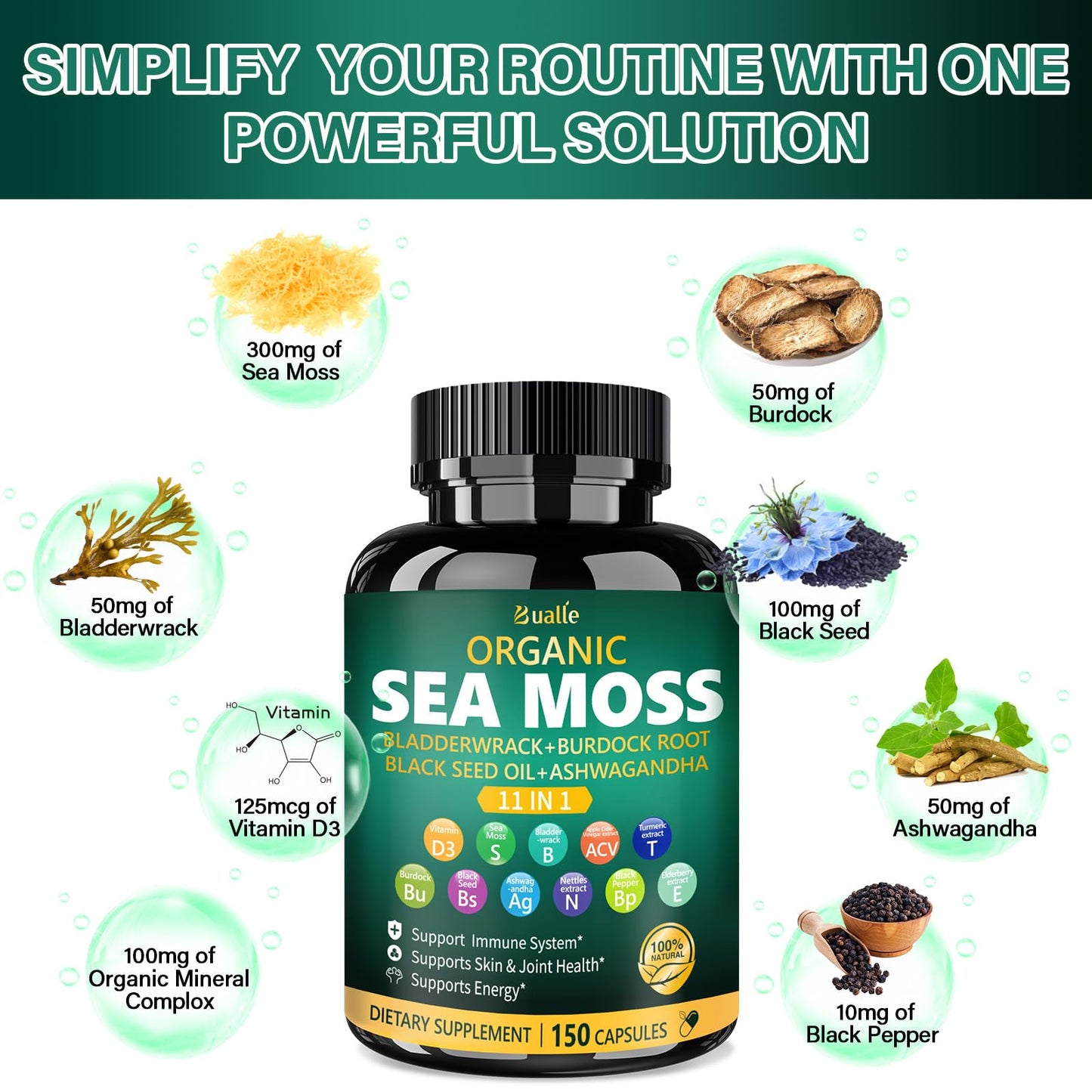 Bualle Organic Sea Moss Capsules, 150 Count