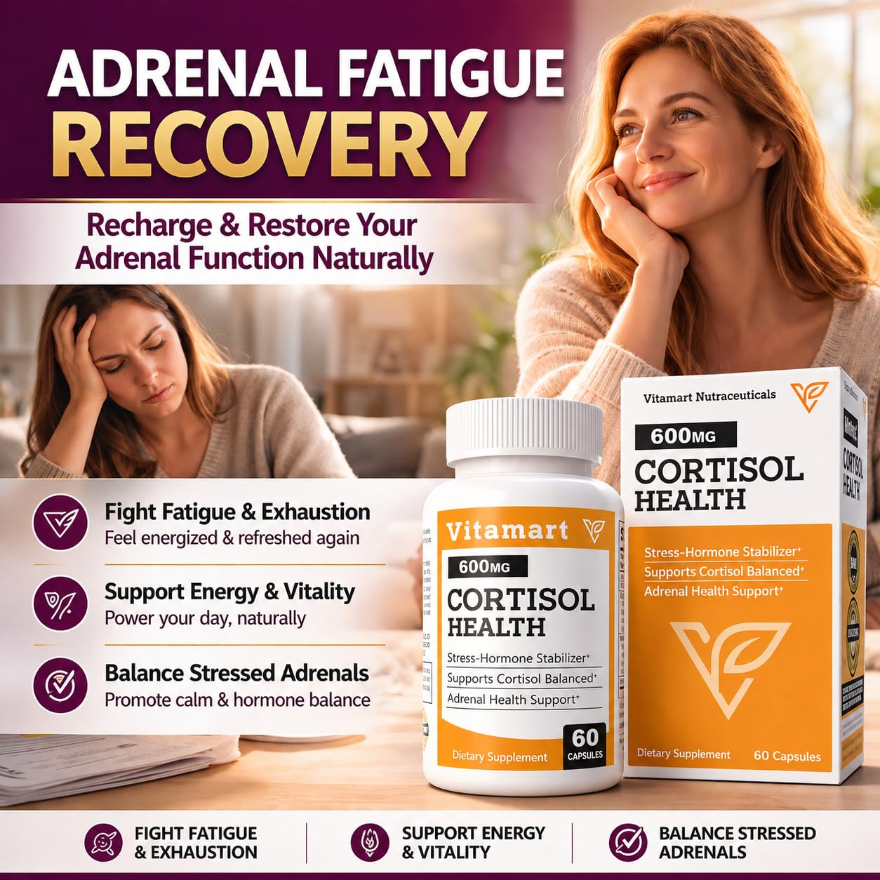 Vitamart Nutraceuticals Cortisol Health Adrenal Health Manager Adaptogenic Ashwagandha & Sleep Support, 60 Capsules