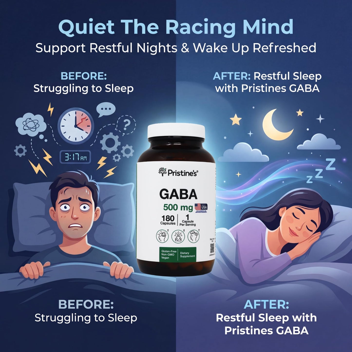 PRISTINE'S GABA 500mg Sleep Quality Support Supplement, 180 Capsules