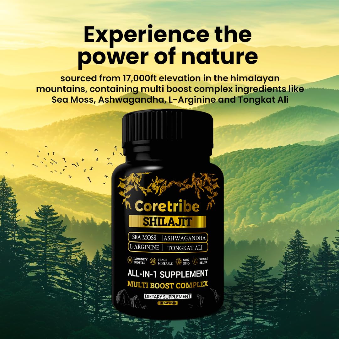 Coretribe Shilajit Capsules with Sea Moss & Ashwagandha for Men & Women, 10 in 1 Himalayan Shilajit Supplements Fulvic Acid & Humic Acid Energy & Immune Support Capsule, 120