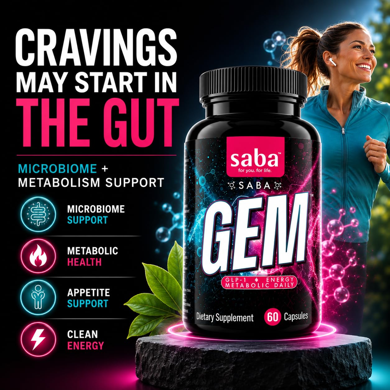 Saba GEM Metabolism & Gut Health Support for Women & Men – Eriomin, Morosil, Akkermansia, Prebiotics & Probiotics with 30 Billion CFU – Appetite, Energy & Microbiome Support – 60 Capsules