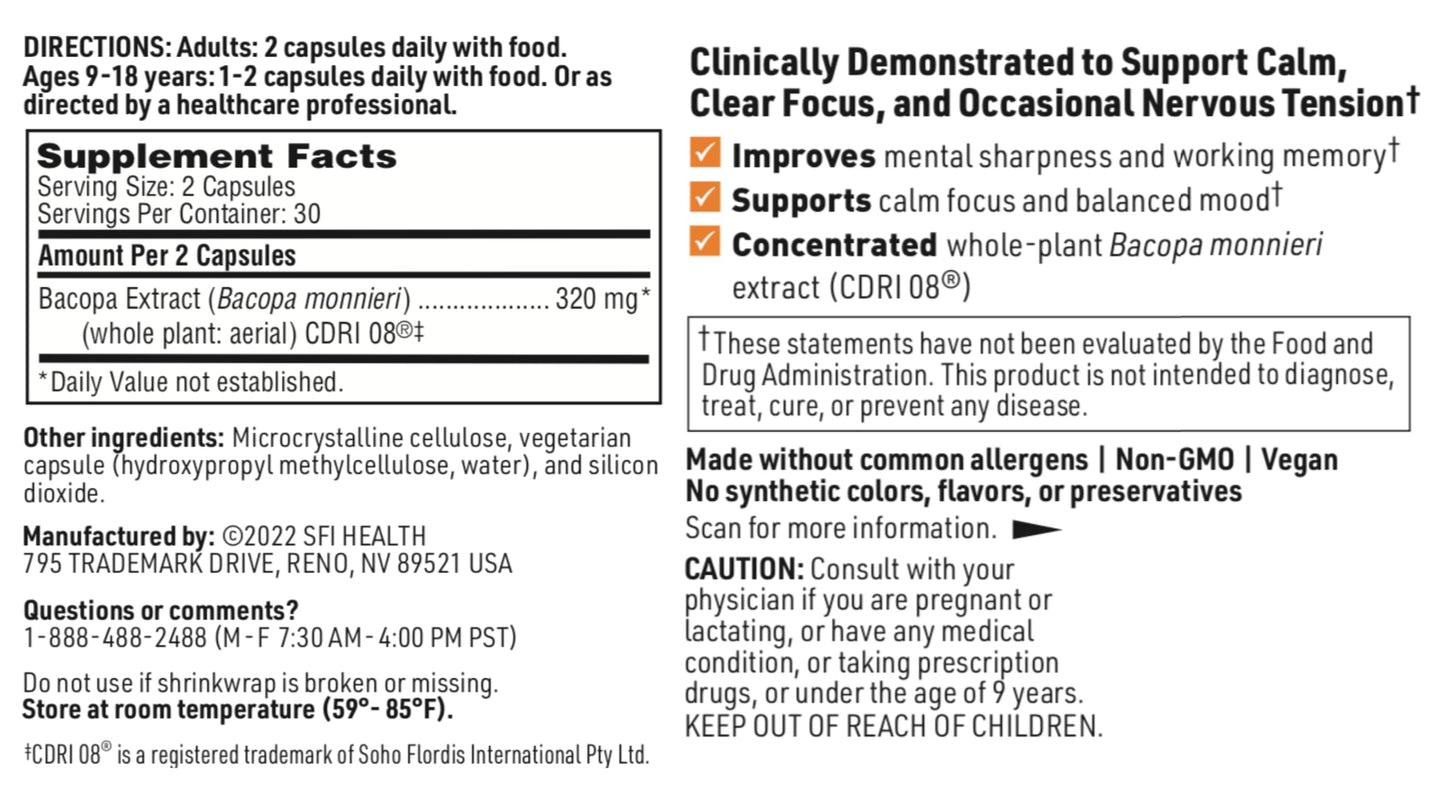 SFI Health Acumen Cognitive Support with Bacopa Monnieri Extract Capsules, 60 Capsules