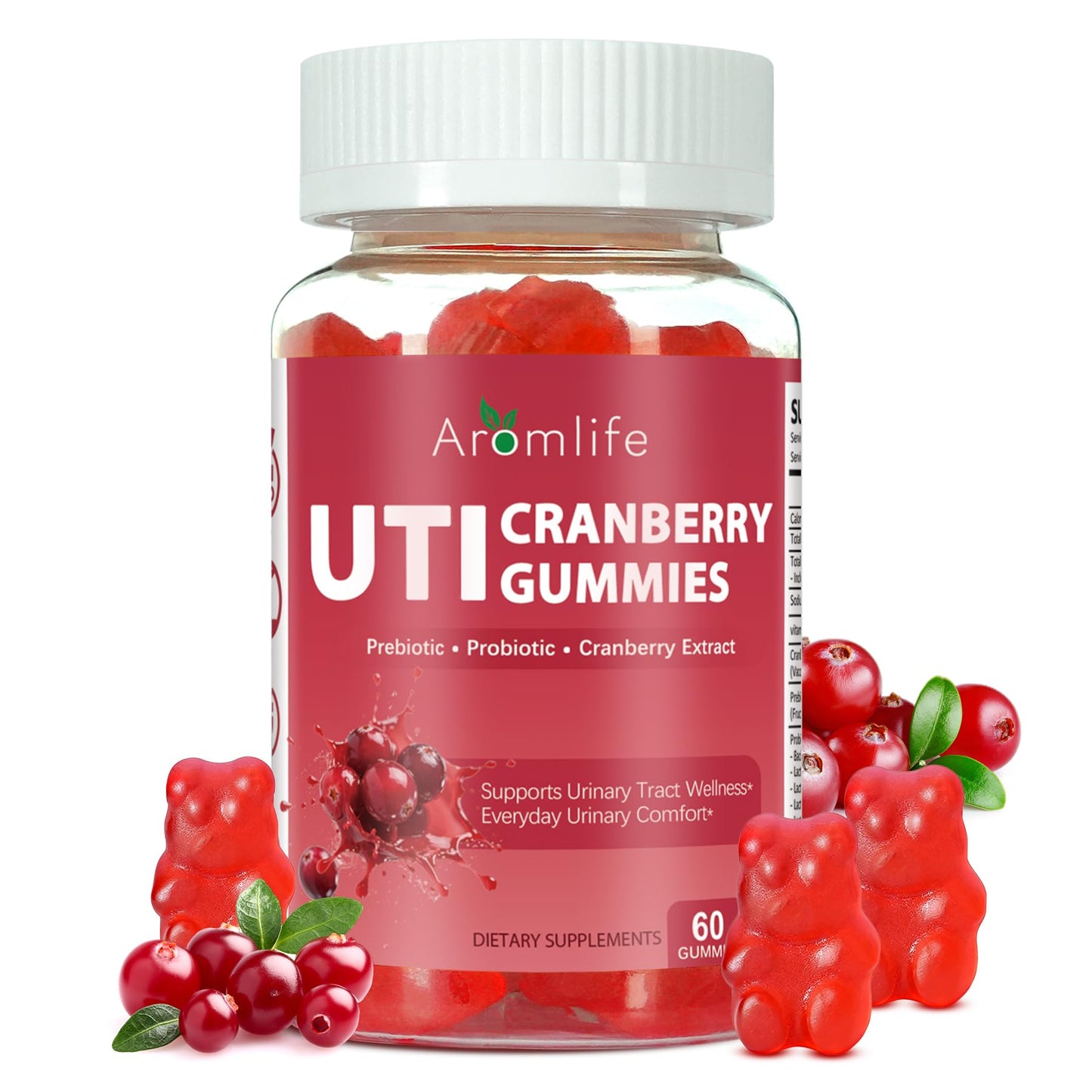 Aromlife Cranberry Gummies for UTI & Bladder, Natural Urinary Wellness Gummies with Vitamin C, Prebiotic Fiber & Probiotic, 60 Gummies