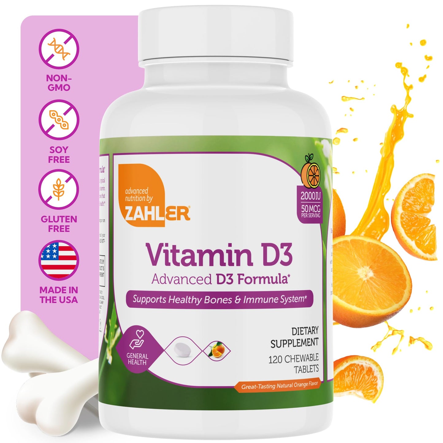 Zahler Vitamin D3 Chewable 2000IU Tablet, 120 Tablets